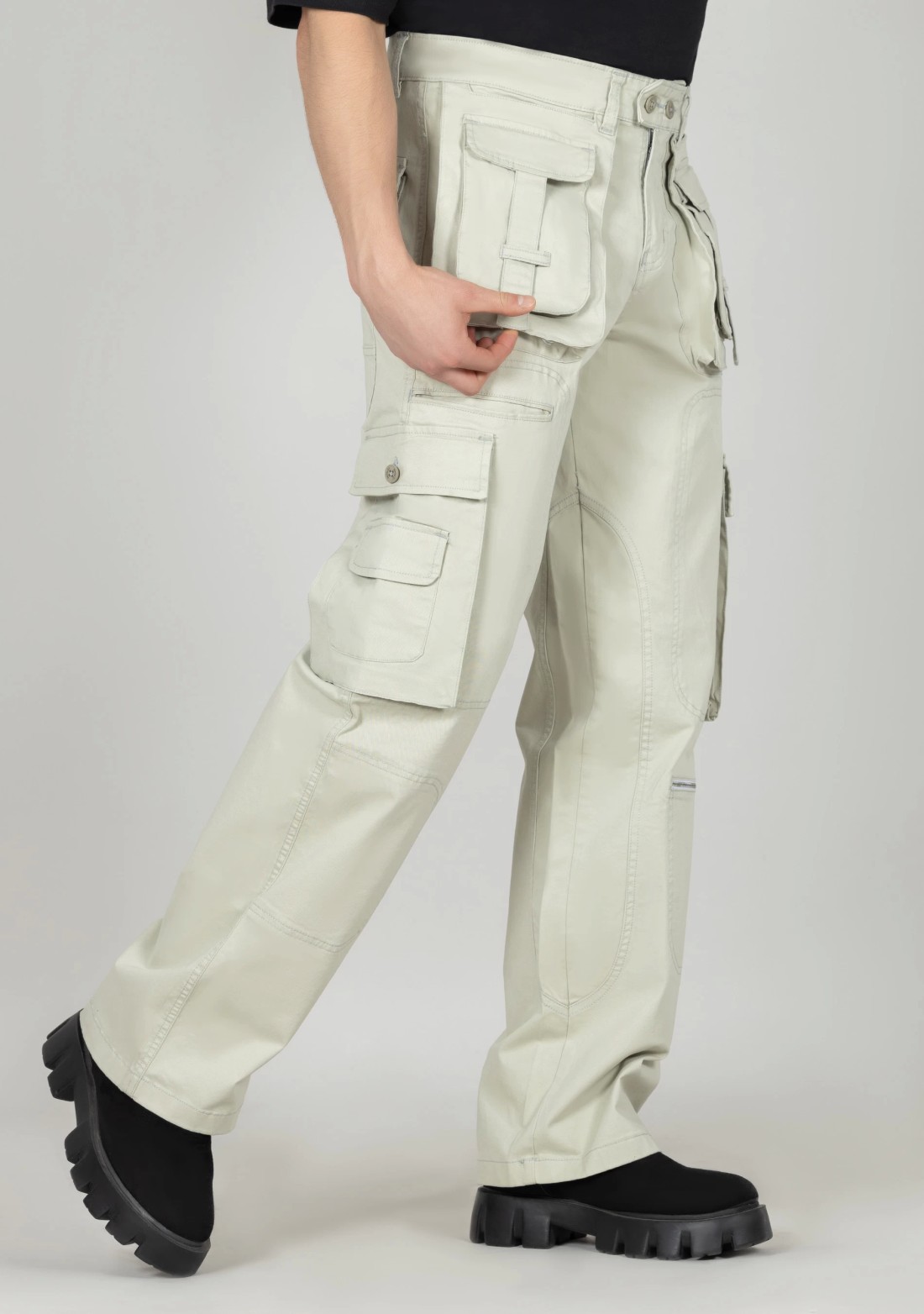 Light Beige Wide Leg Men’s Cotton Cargo Trousers