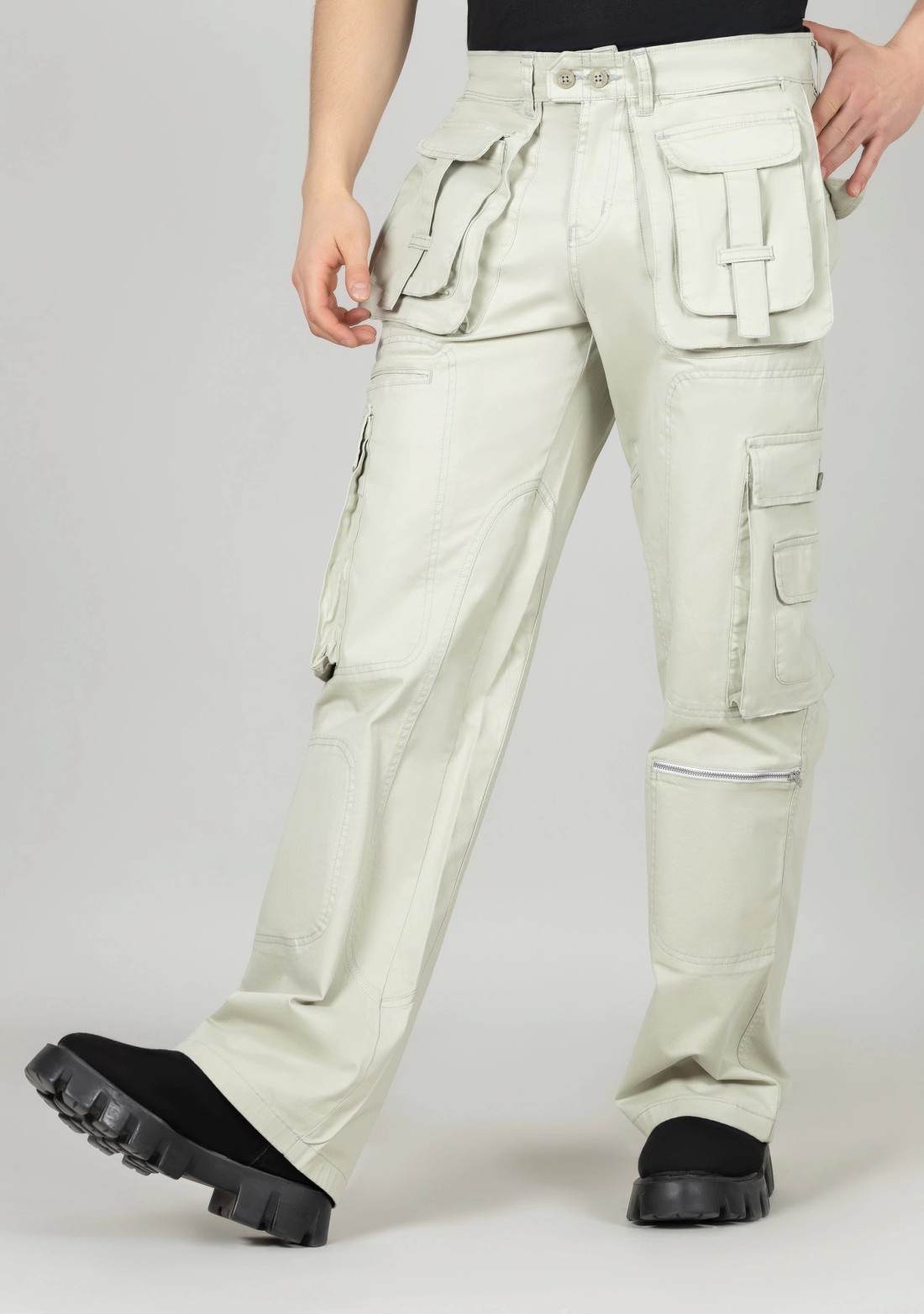 Light Beige Wide Leg Men’s Cotton Cargo Trousers