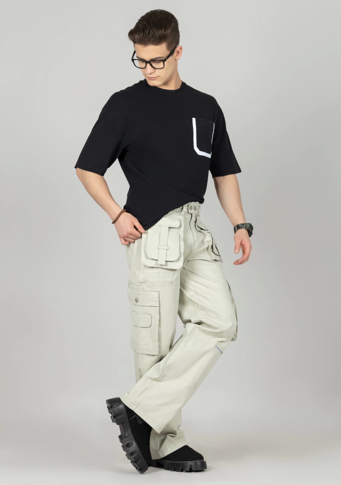 Light Beige Wide Leg Men’s Cotton Cargo Trousers