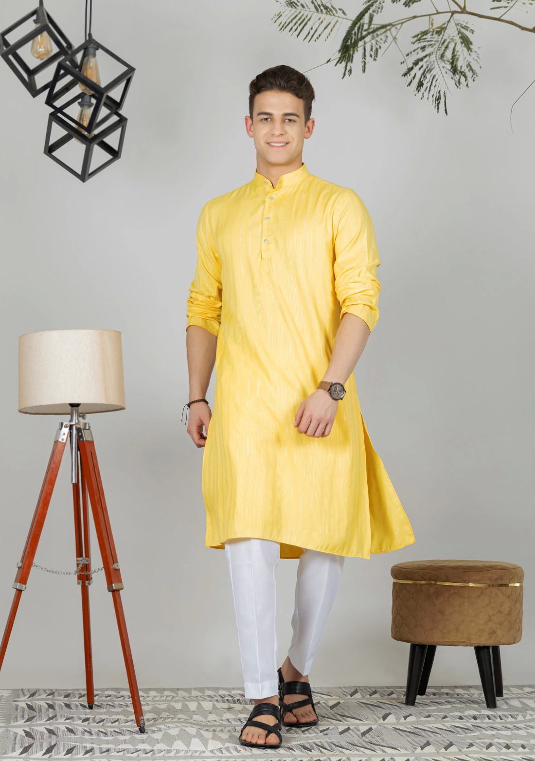 Yellow Regular Fit Rayon Lurex Men's Kurta