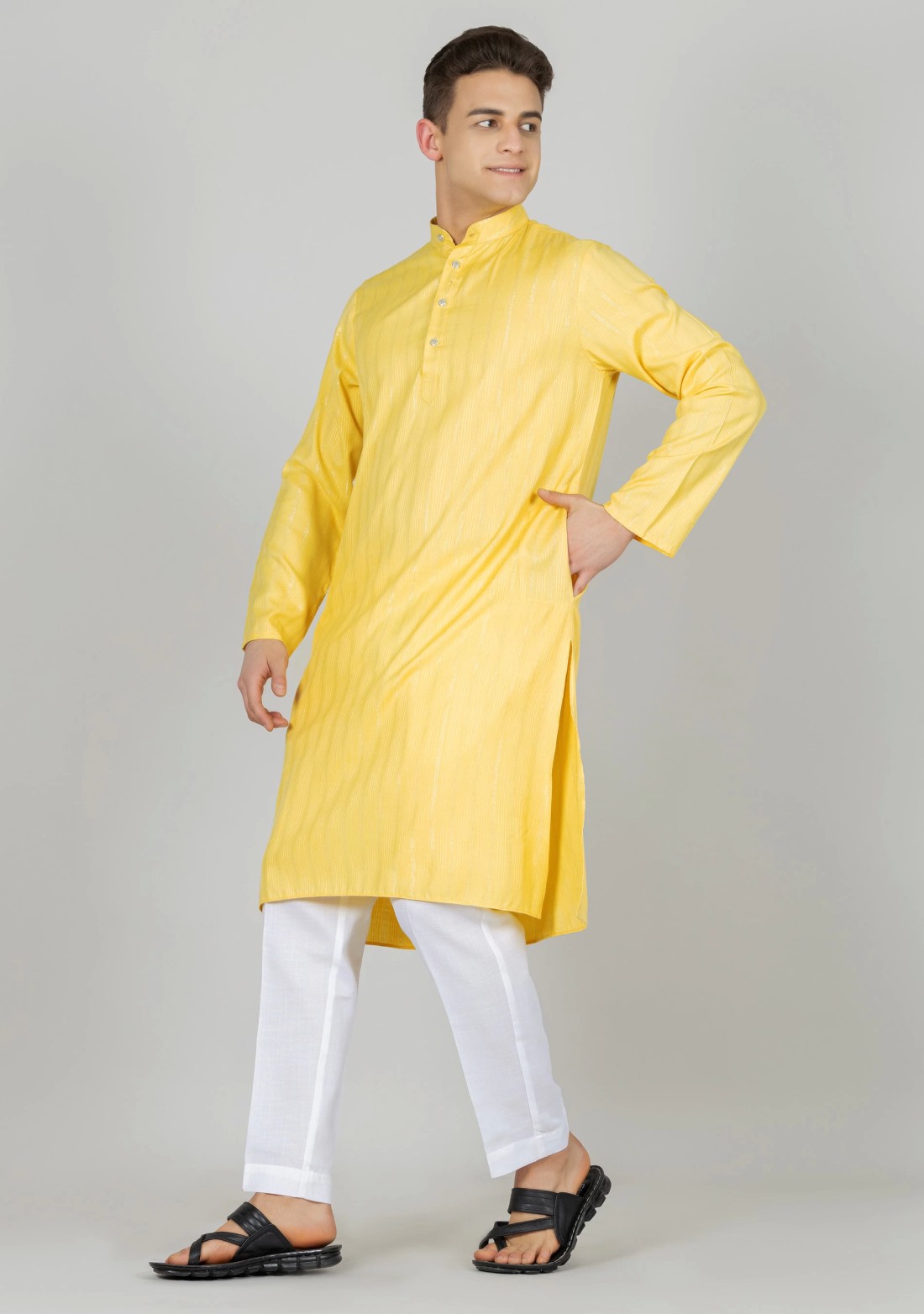 Yellow Regular Fit Rayon Lurex Men's Kurta