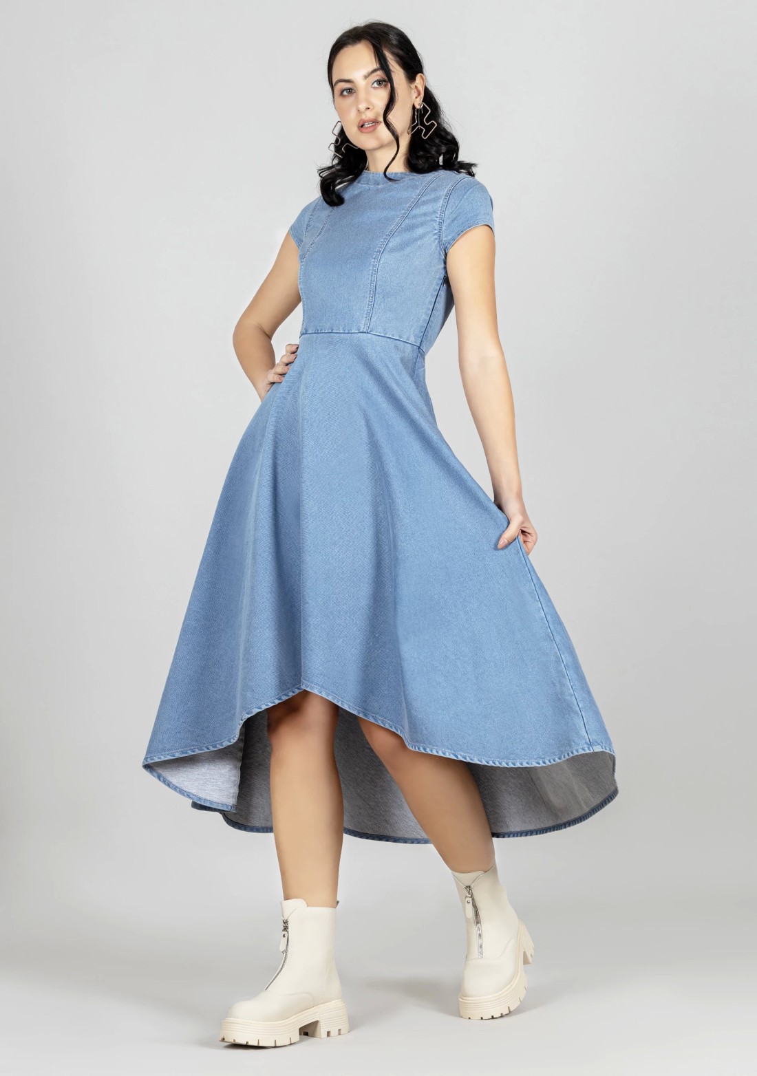 Blue Flared Denim Midi Dress