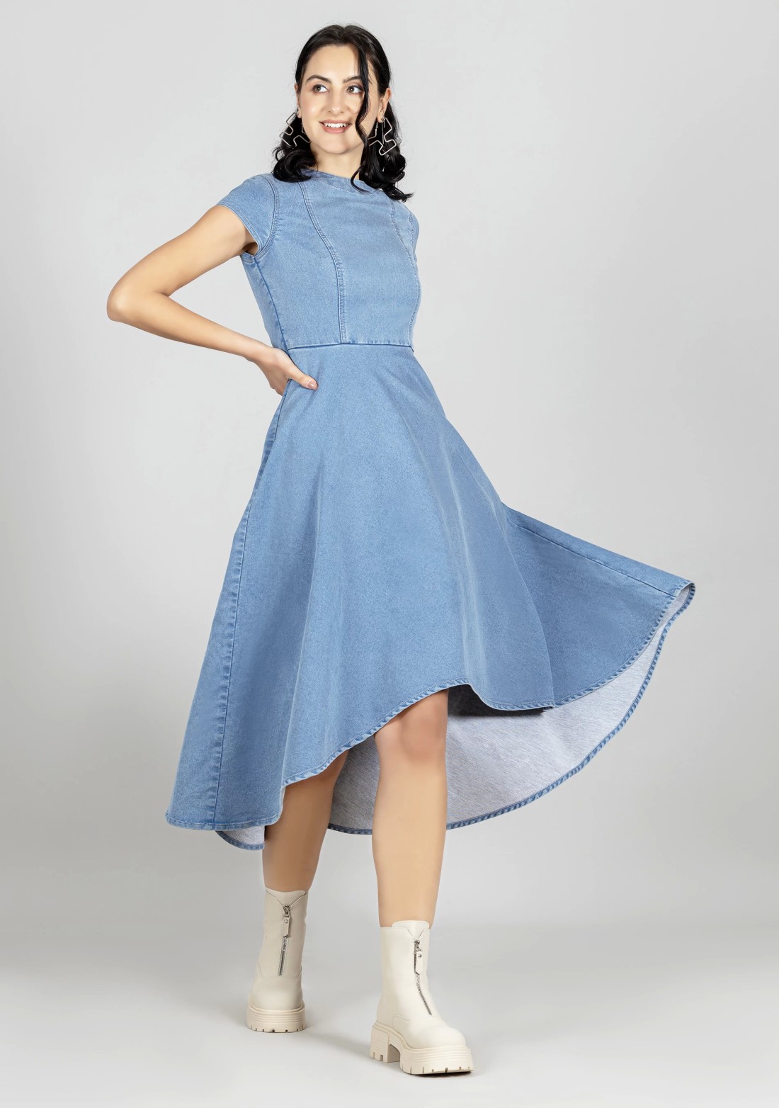 Blue Flared Denim Midi Dress