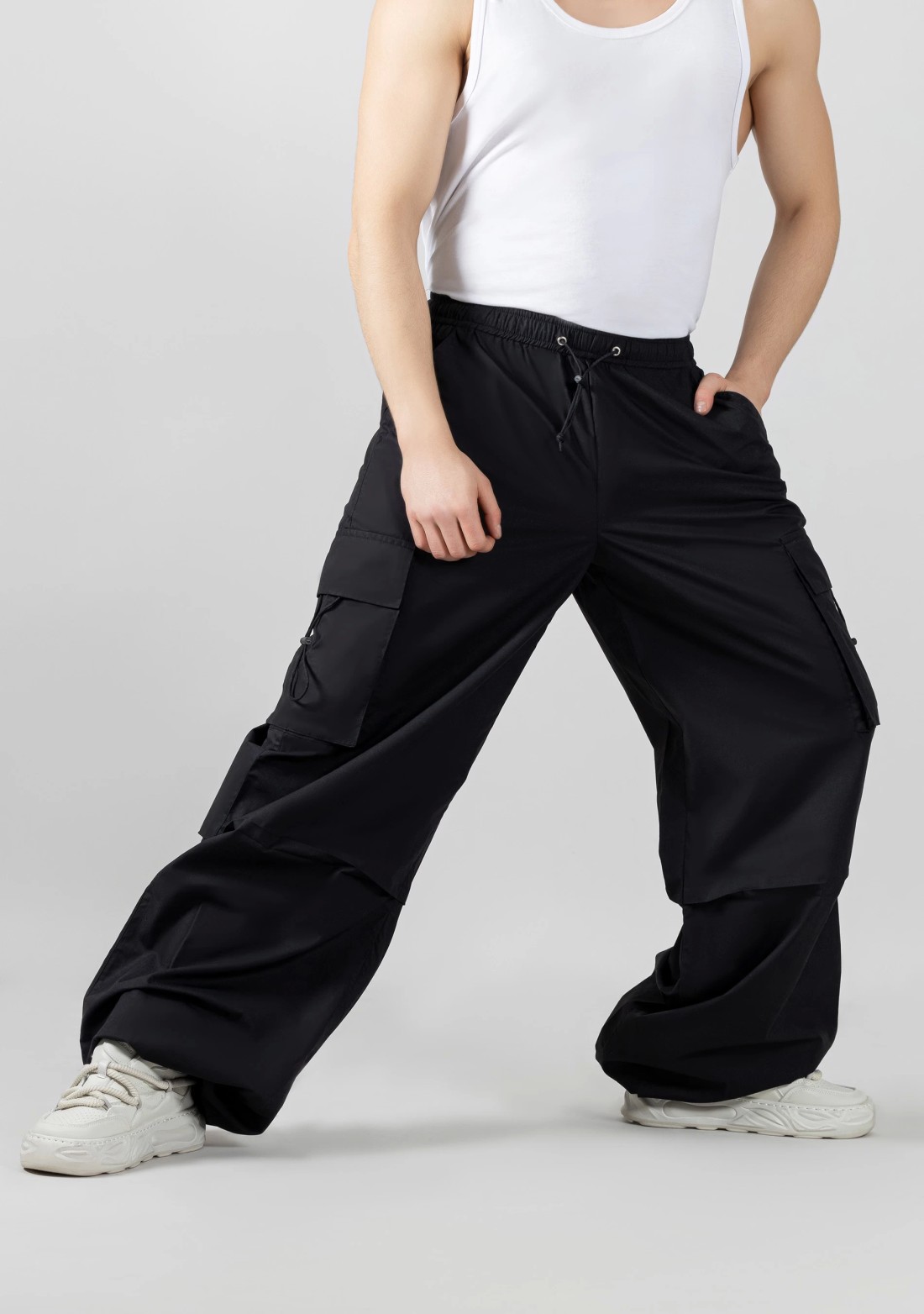 Black Extra Wide Leg Men’s Cotton Parachute Trousers