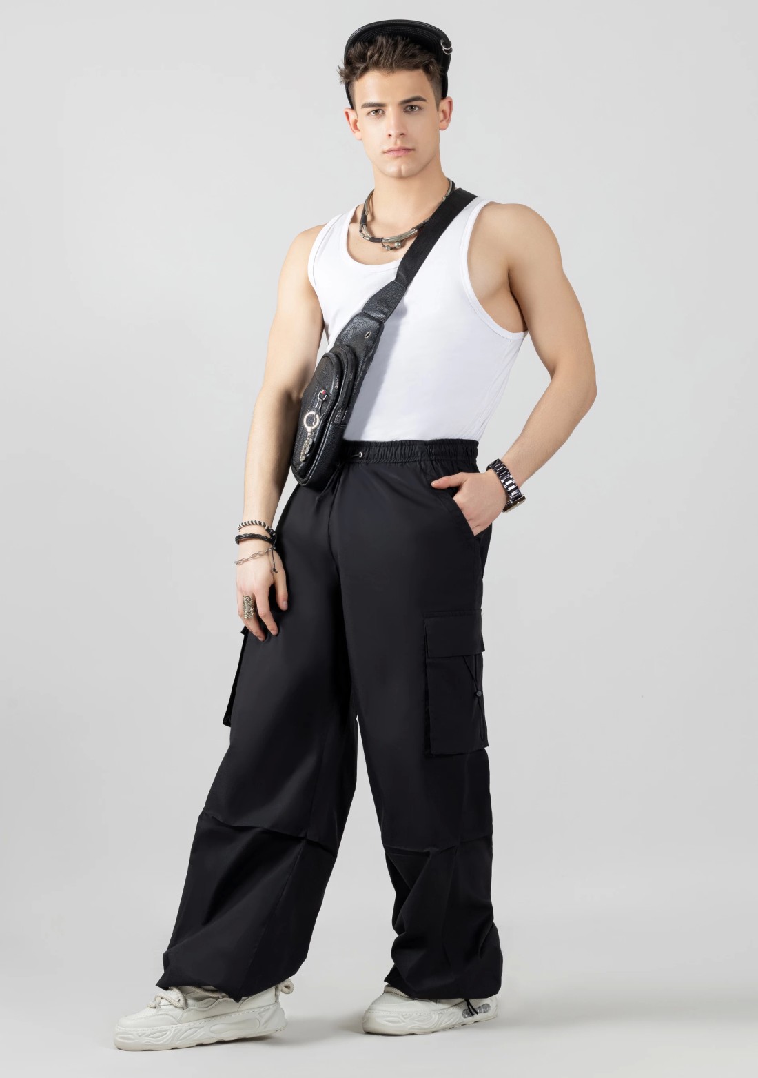 Black Extra Wide Leg Men’s Cotton Parachute Trousers