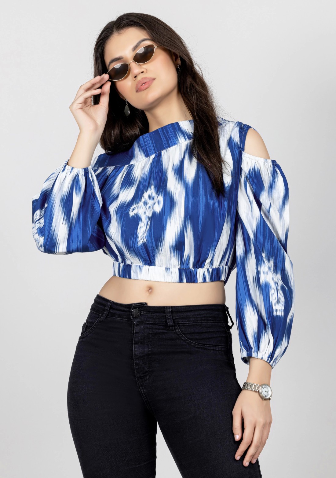 Blue and White One Shoulder Ikat Print Crop Top