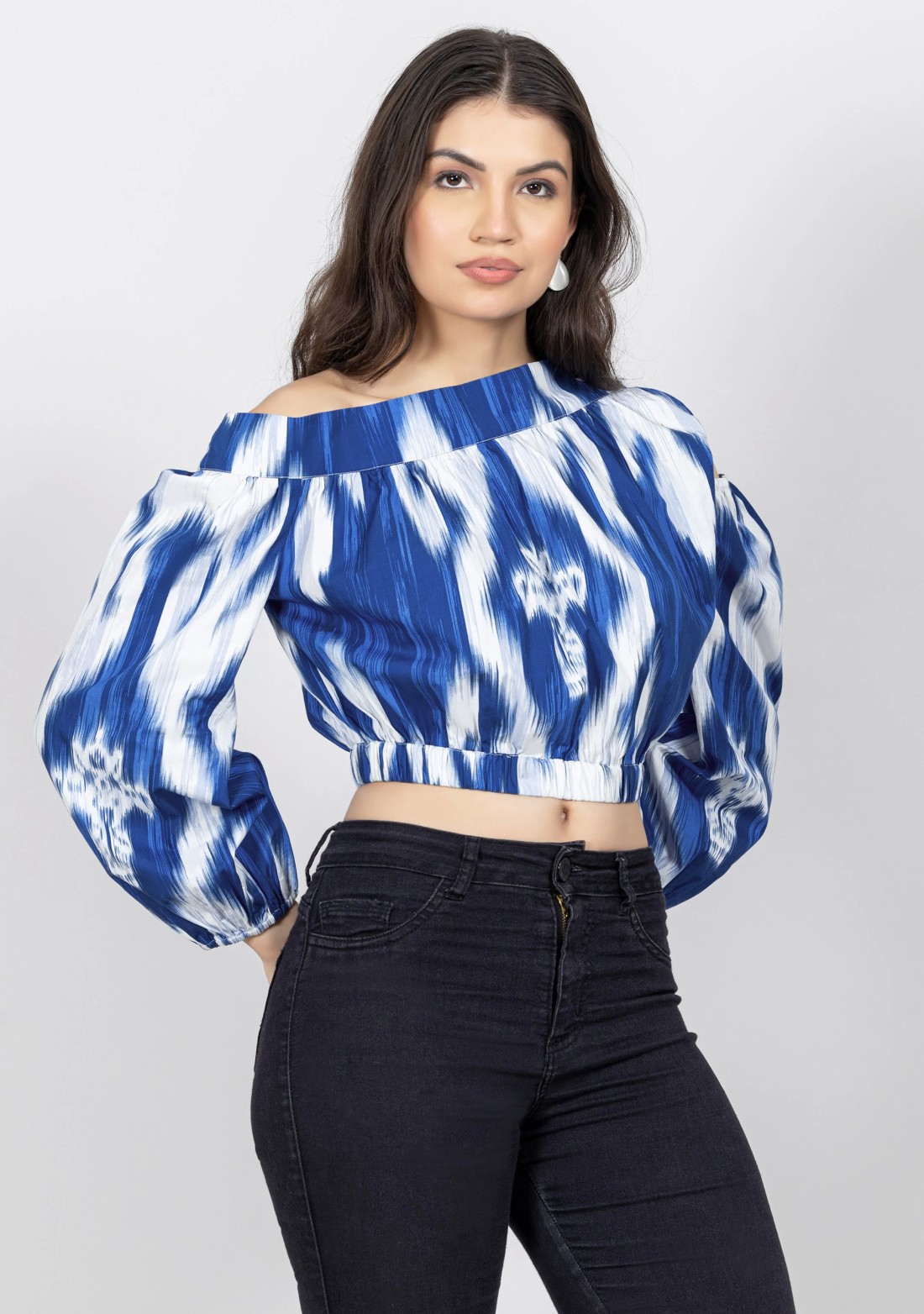 Blue and White One Shoulder Ikat Print Crop Top