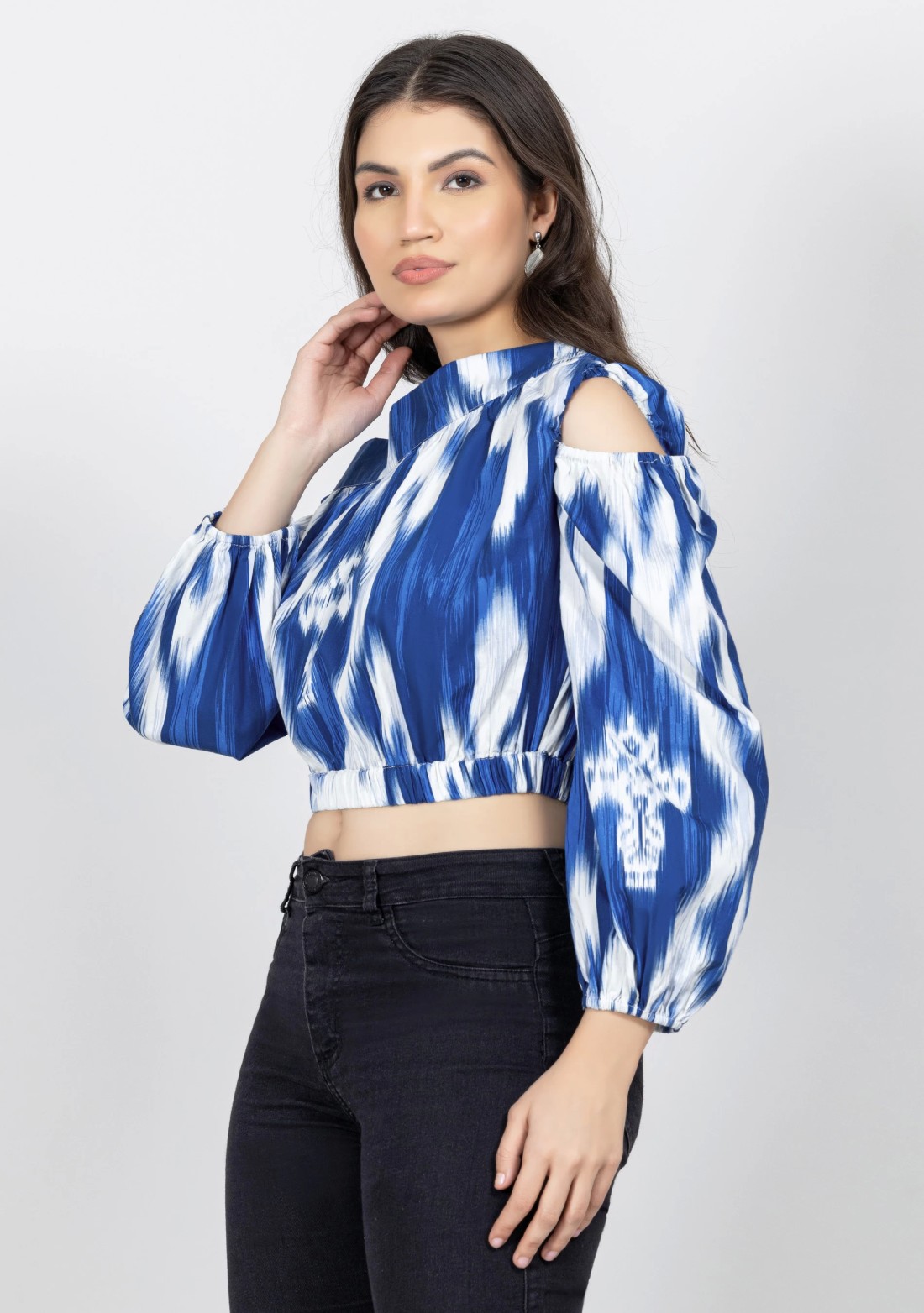 Blue and White One Shoulder Ikat Print Crop Top