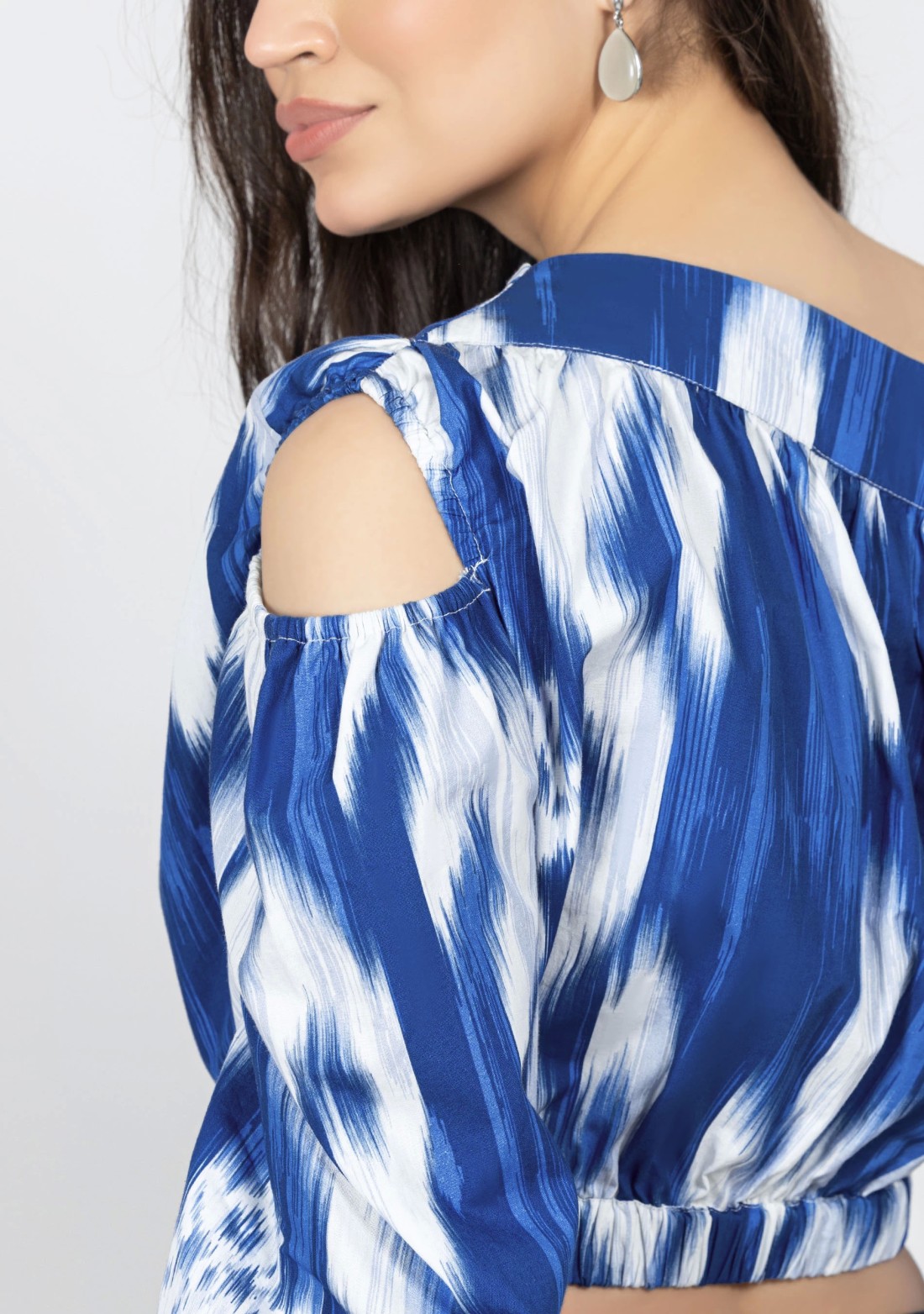 Blue and White One Shoulder Ikat Print Crop Top