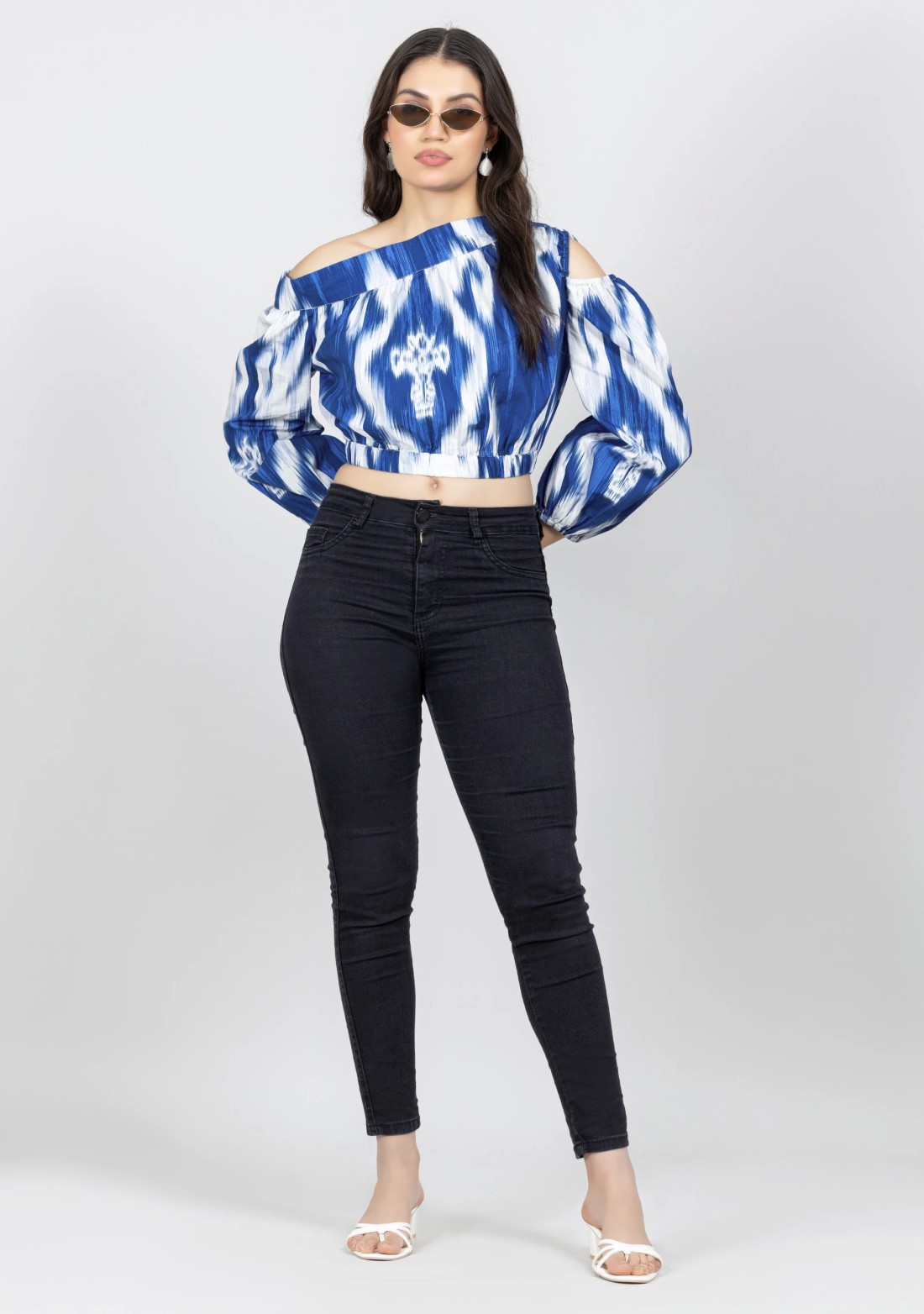 Blue and White One Shoulder Ikat Print Crop Top