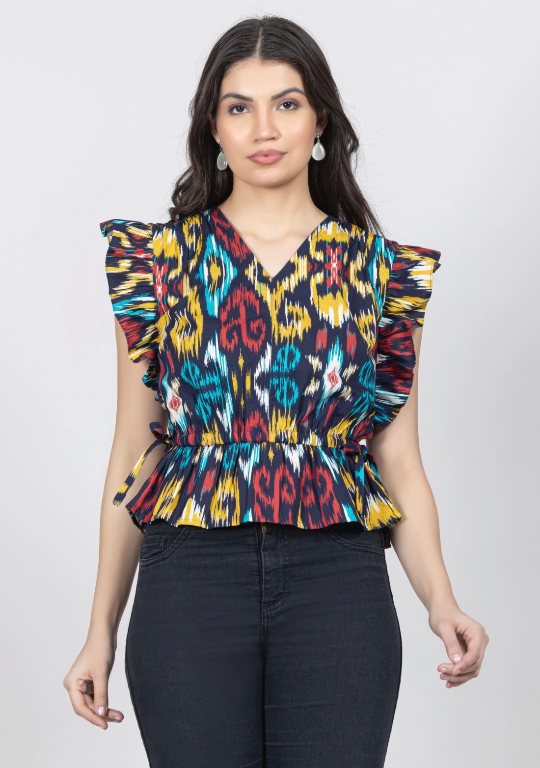 Multi Colour Ikat Print Cotton Peplum Top