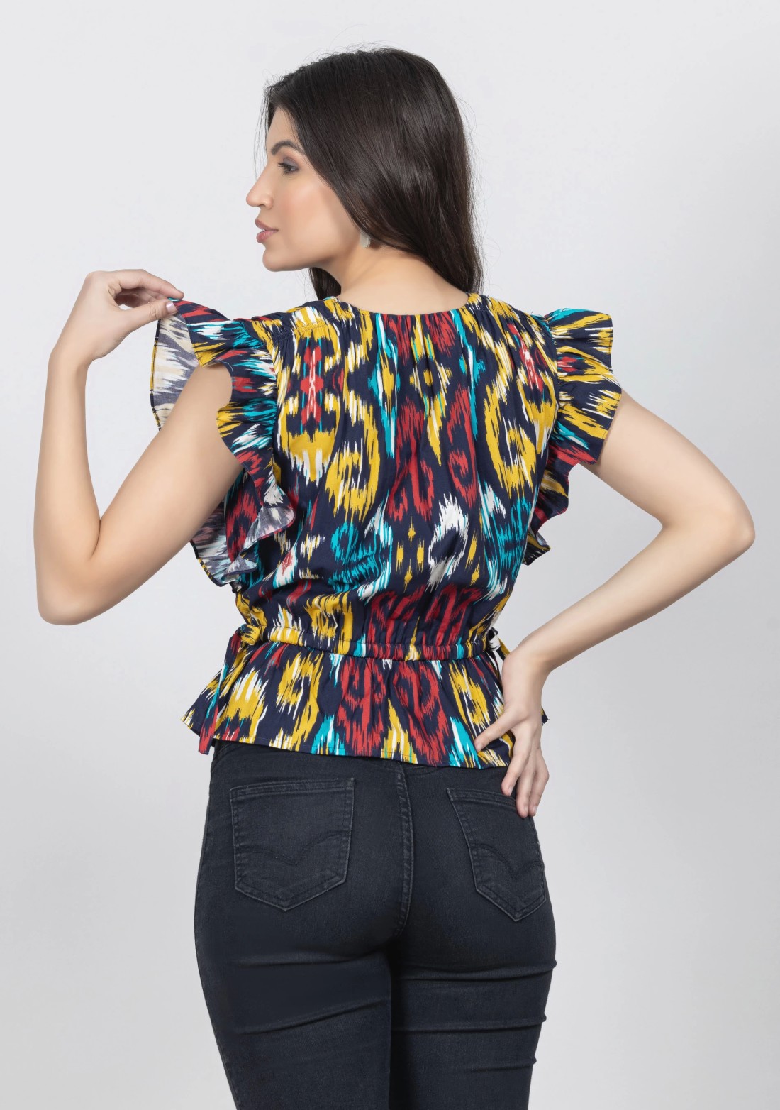 Multi Colour Ikat Print Cotton Peplum Top