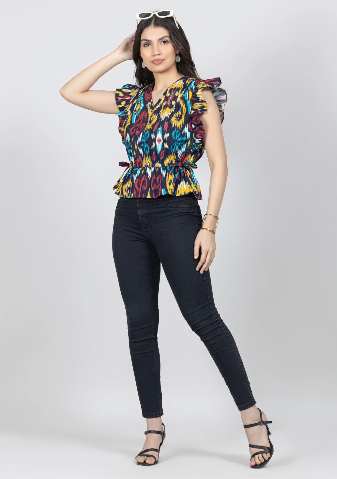 Multi Colour Ikat Print Cotton Peplum Top