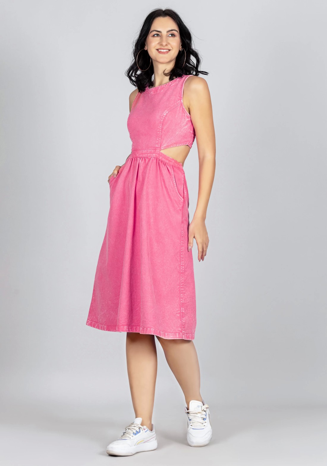 Punch Pink Flared Denim Midi Dress