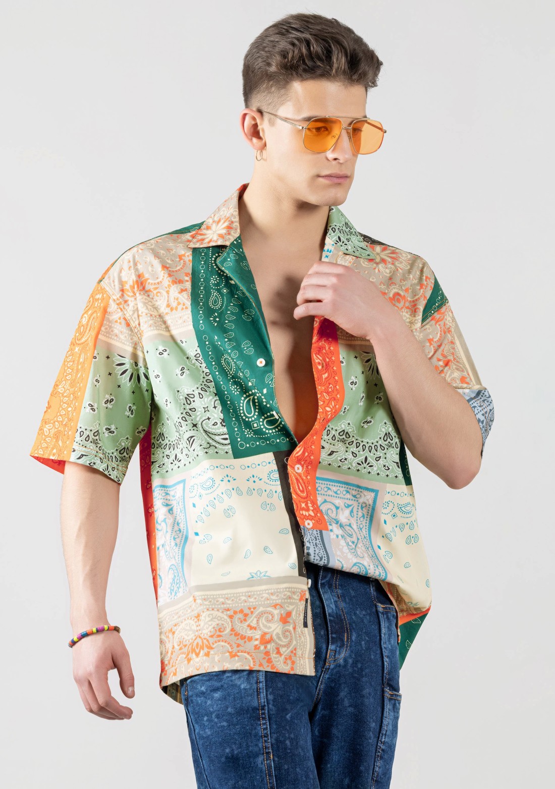 Multi Colour Drop Shoulder Men's Bandana Print Shirt