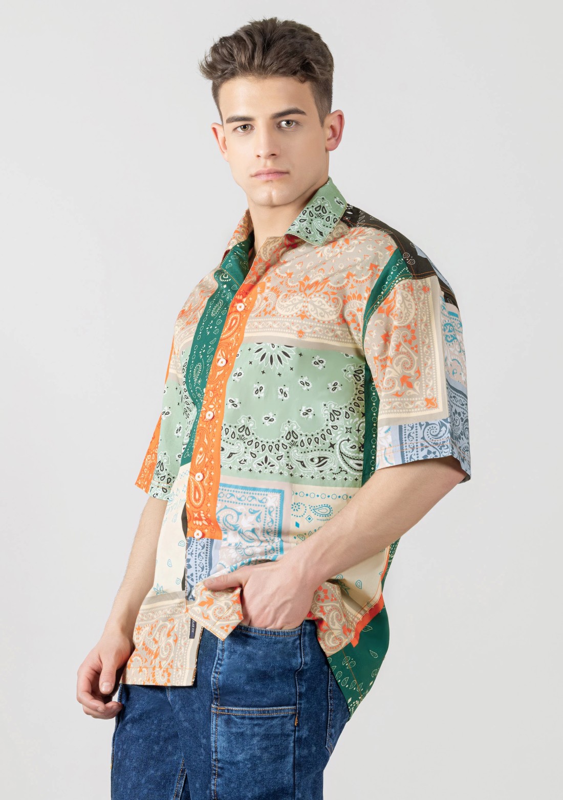 Multi Colour Drop Shoulder Men's Bandana Print Shirt