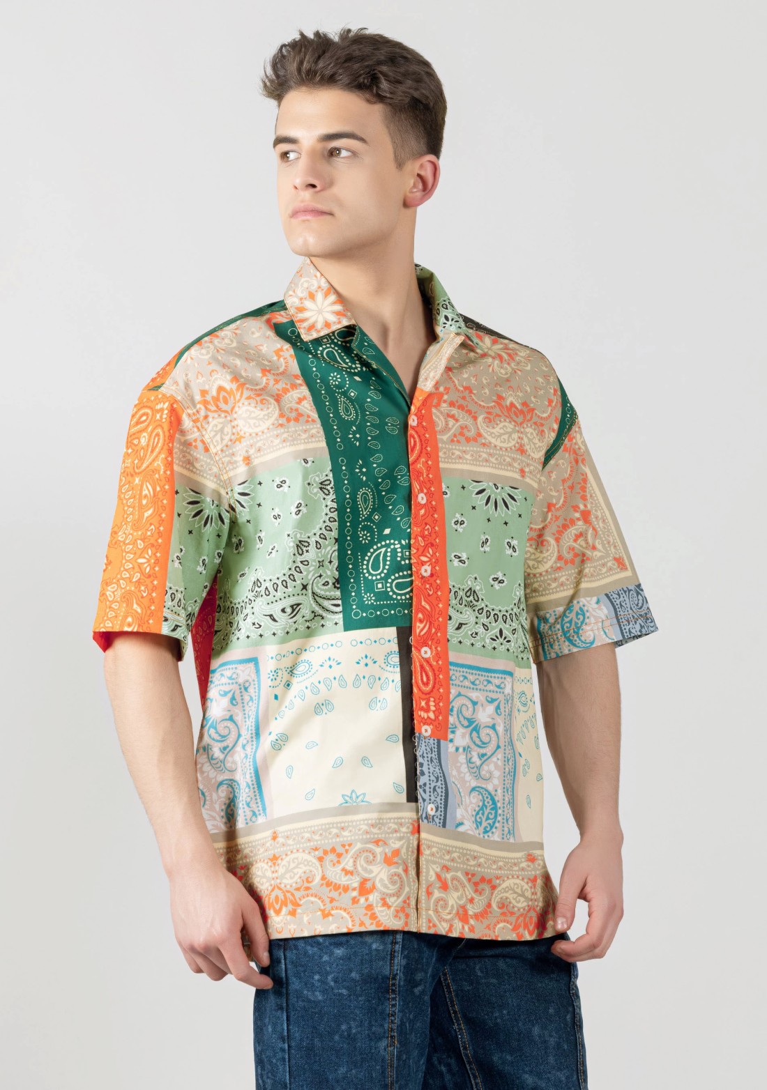 Multi Colour Drop Shoulder Men's Bandana Print Shirt