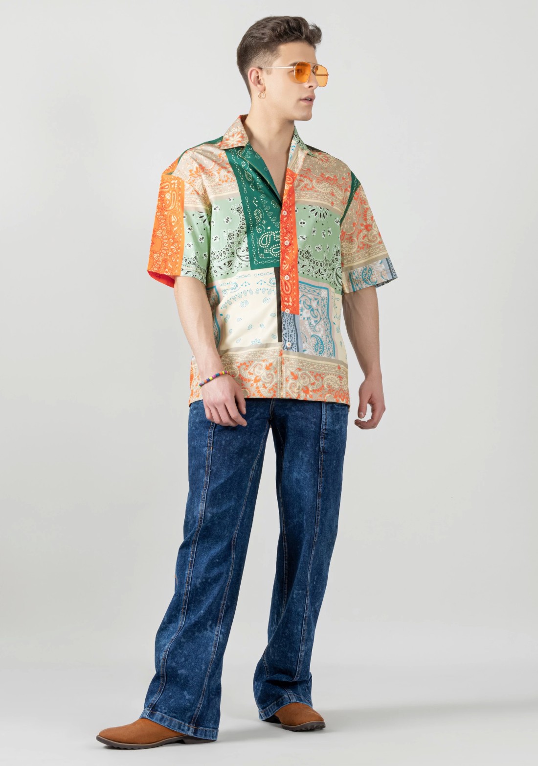 Multi Colour Drop Shoulder Men's Bandana Print Shirt