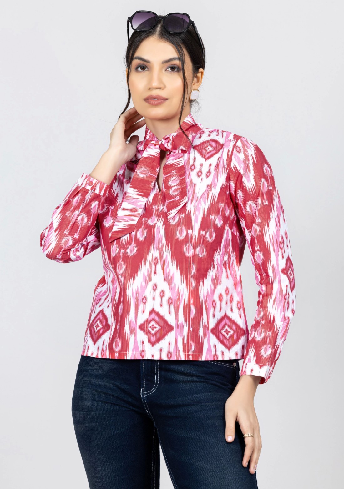 Pink and White Ikat Print Cotton Shirt Top