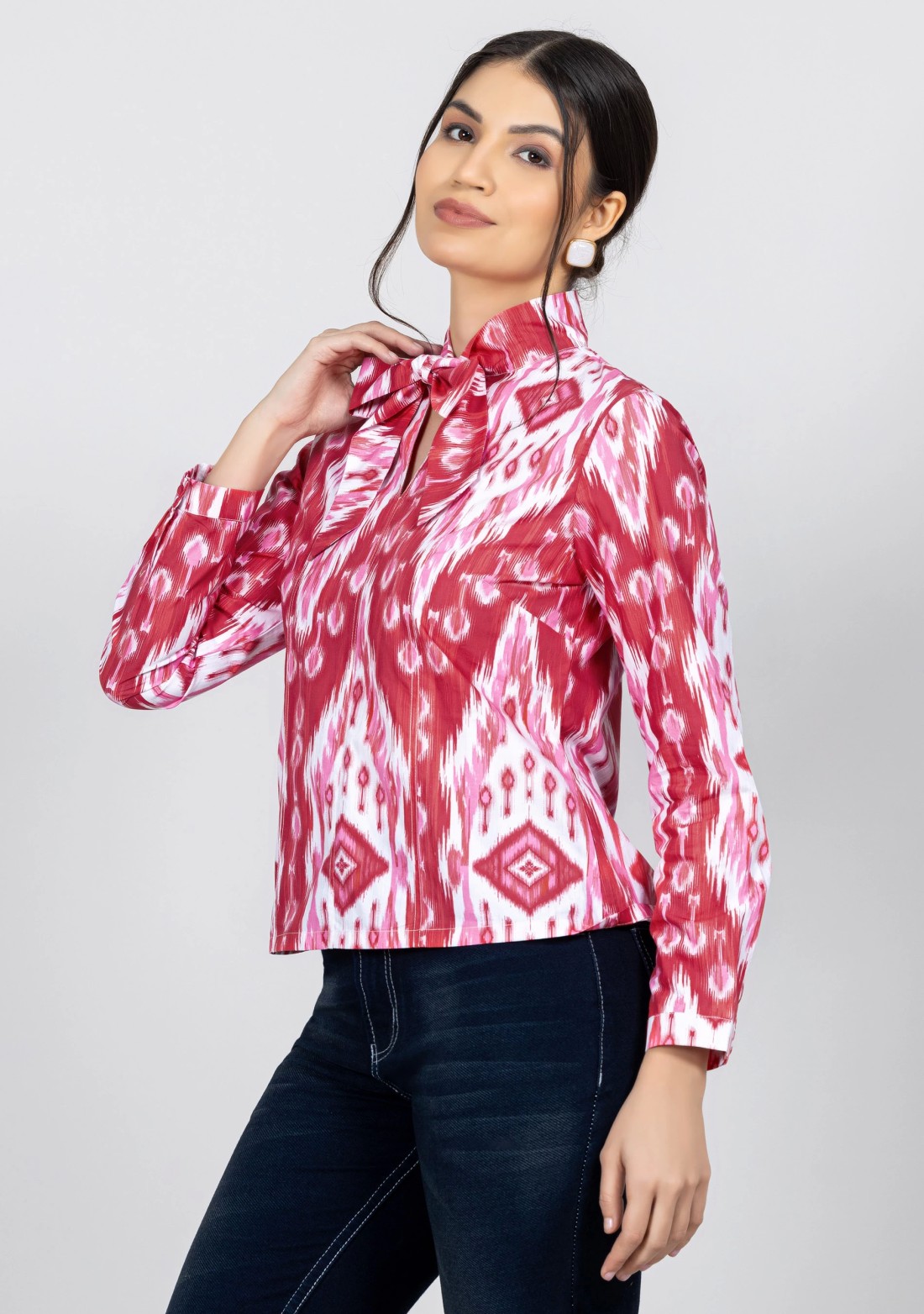 Pink and White Ikat Print Cotton Shirt Top