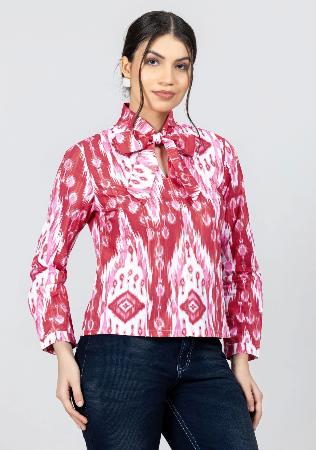 Pink and White Ikat Print Cotton Shirt Top