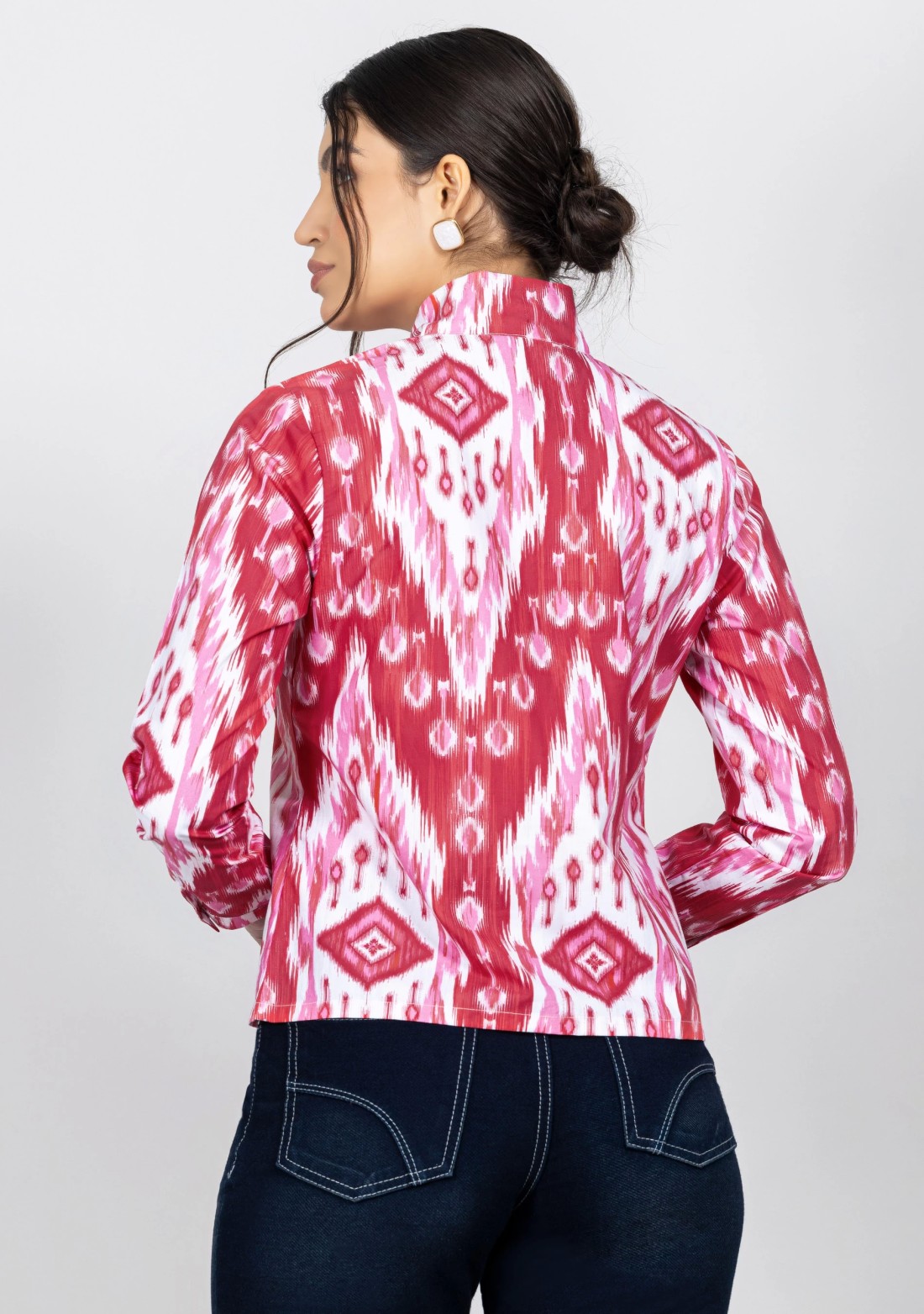 Pink and White Ikat Print Cotton Shirt Top