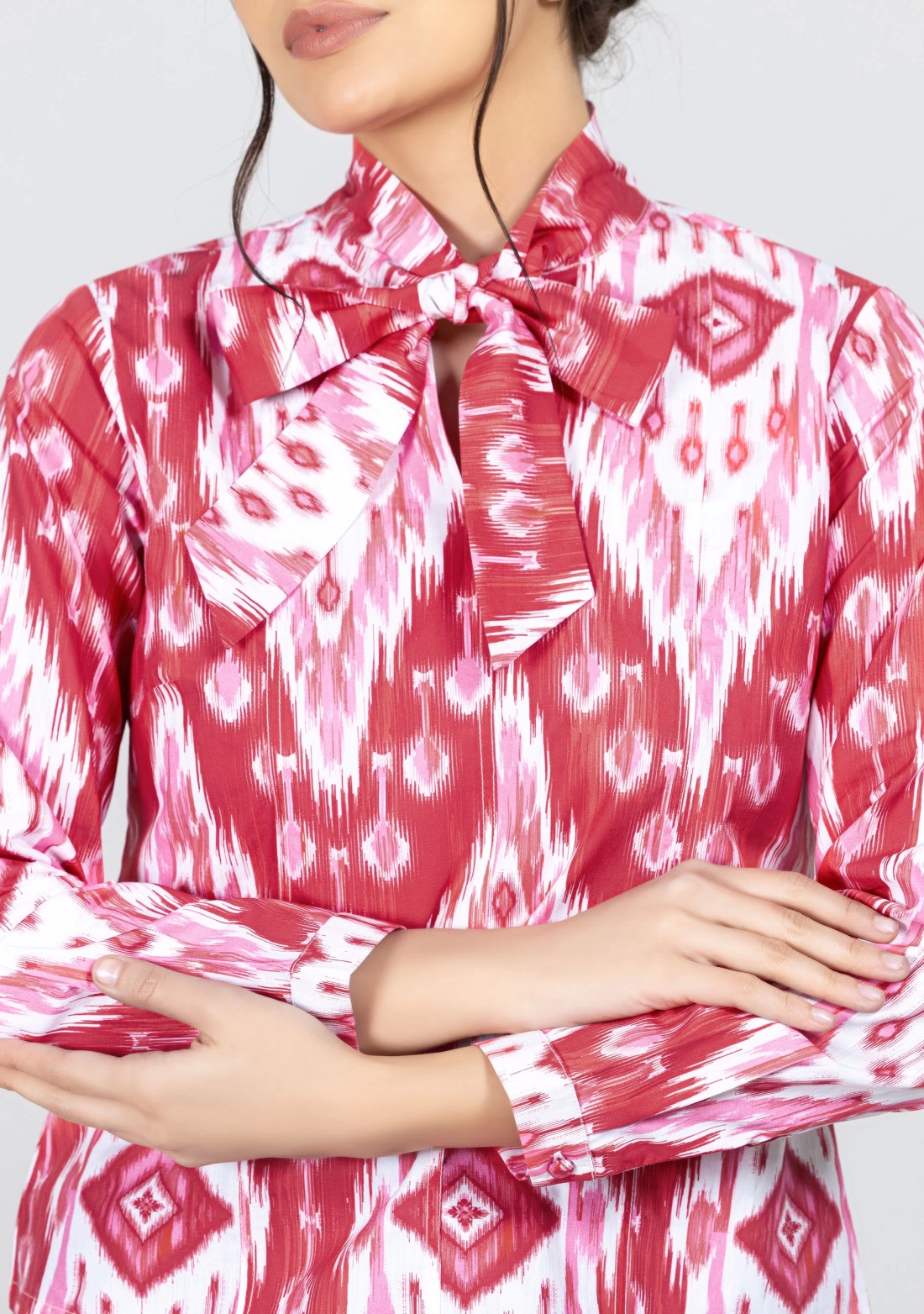 Pink and White Ikat Print Cotton Shirt Top