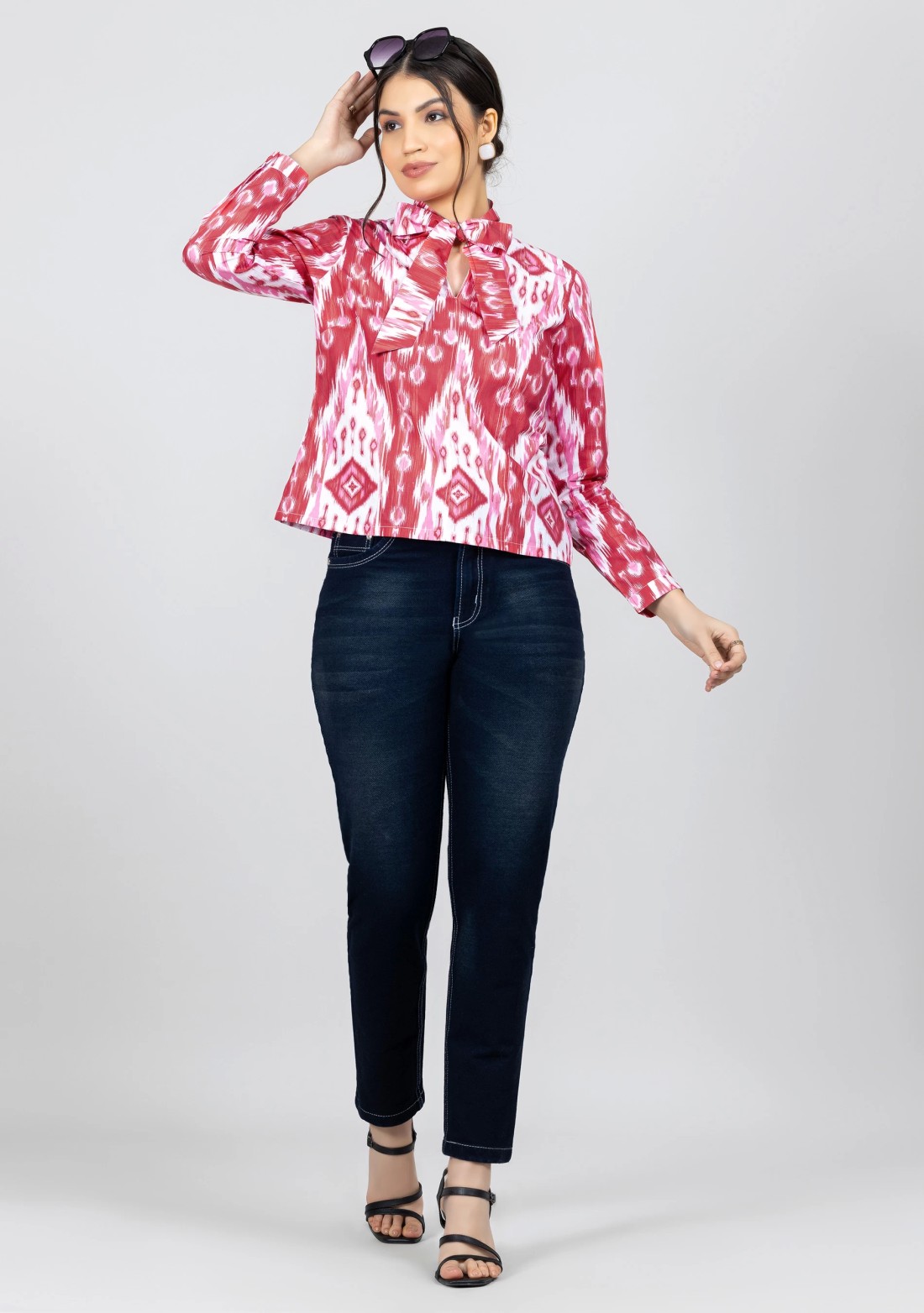 Pink and White Ikat Print Cotton Shirt Top