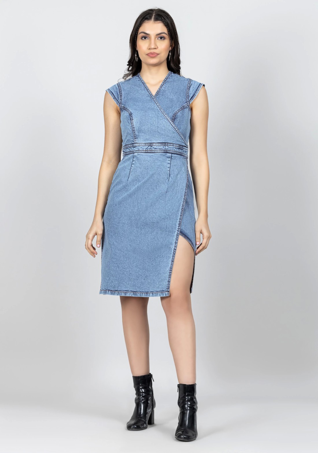 Blue Wrap Relaxed Fit Denim Midi Dress