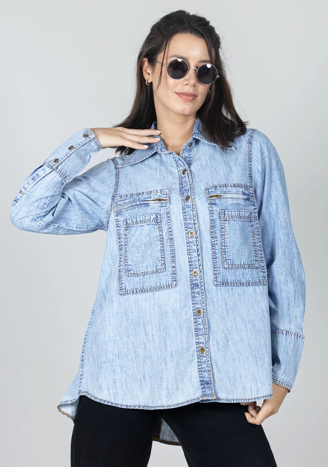 Blue Denim Slub Cotton Women's Shirt