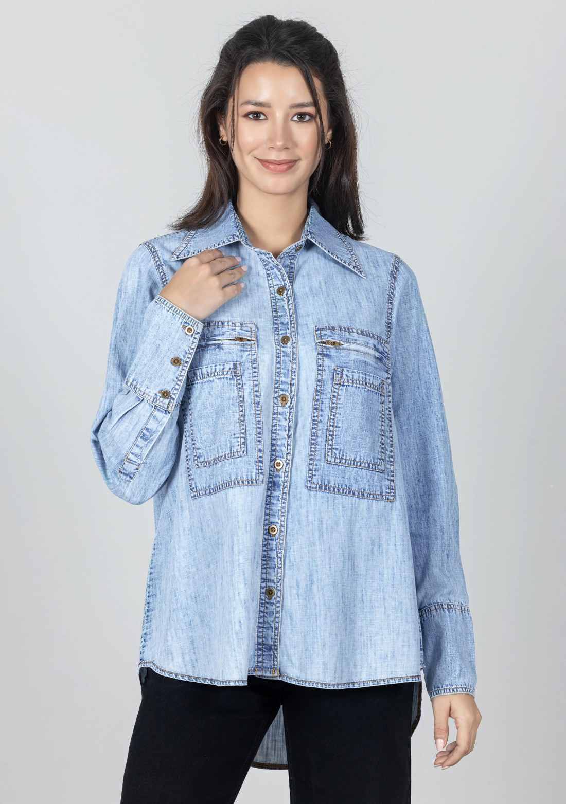 Blue Denim Slub Cotton Women's Shirt