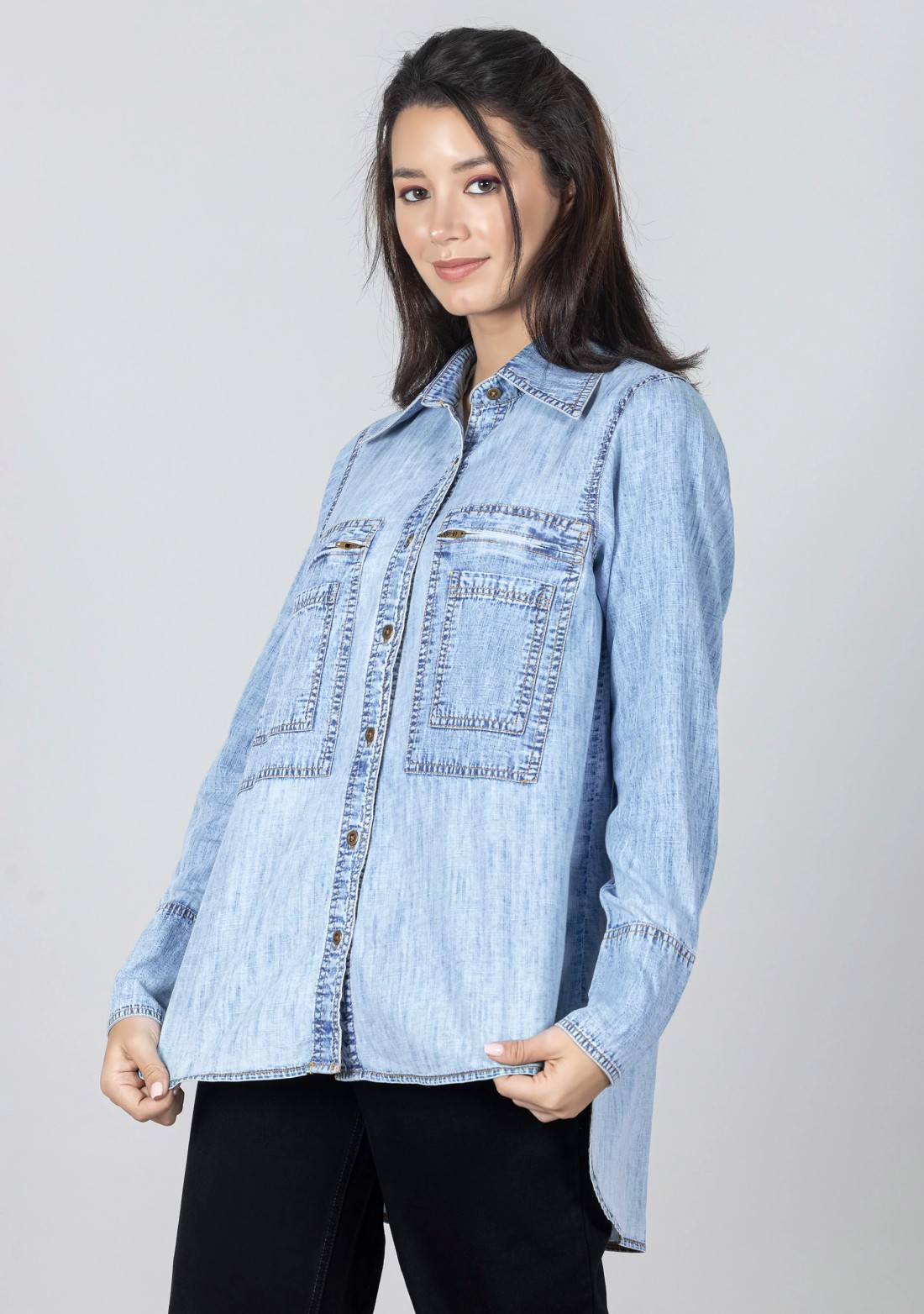 Blue Denim Slub Cotton Women's Shirt