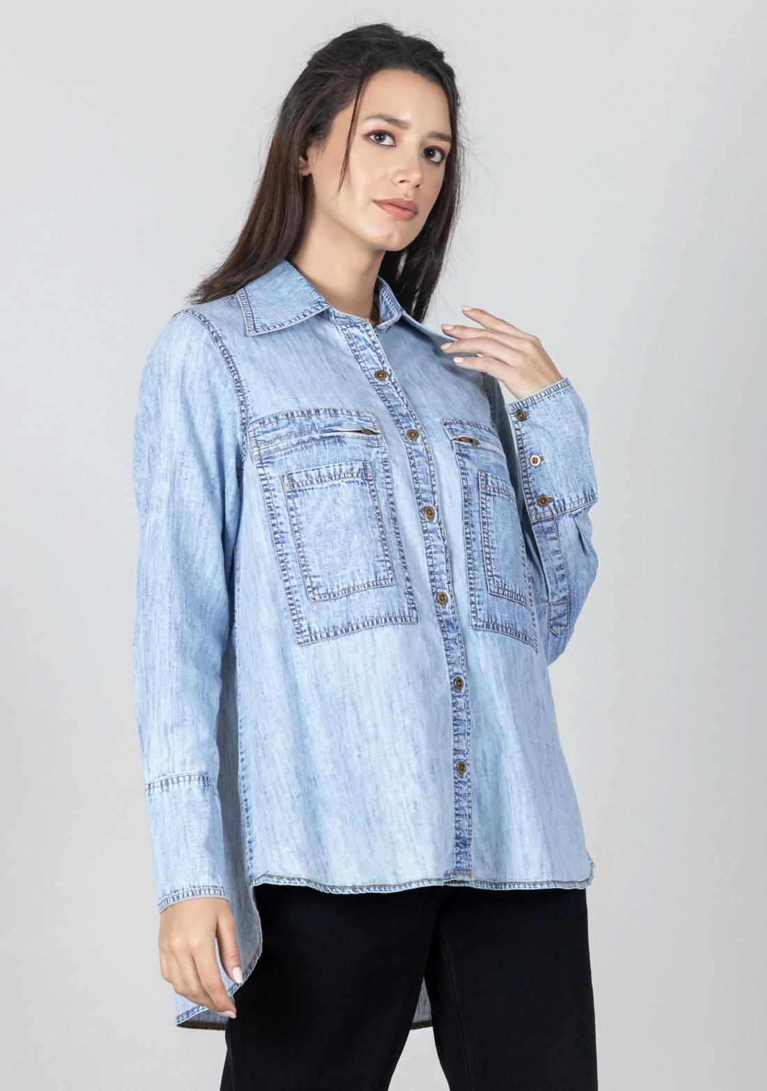 Blue Denim Slub Cotton Women's Shirt