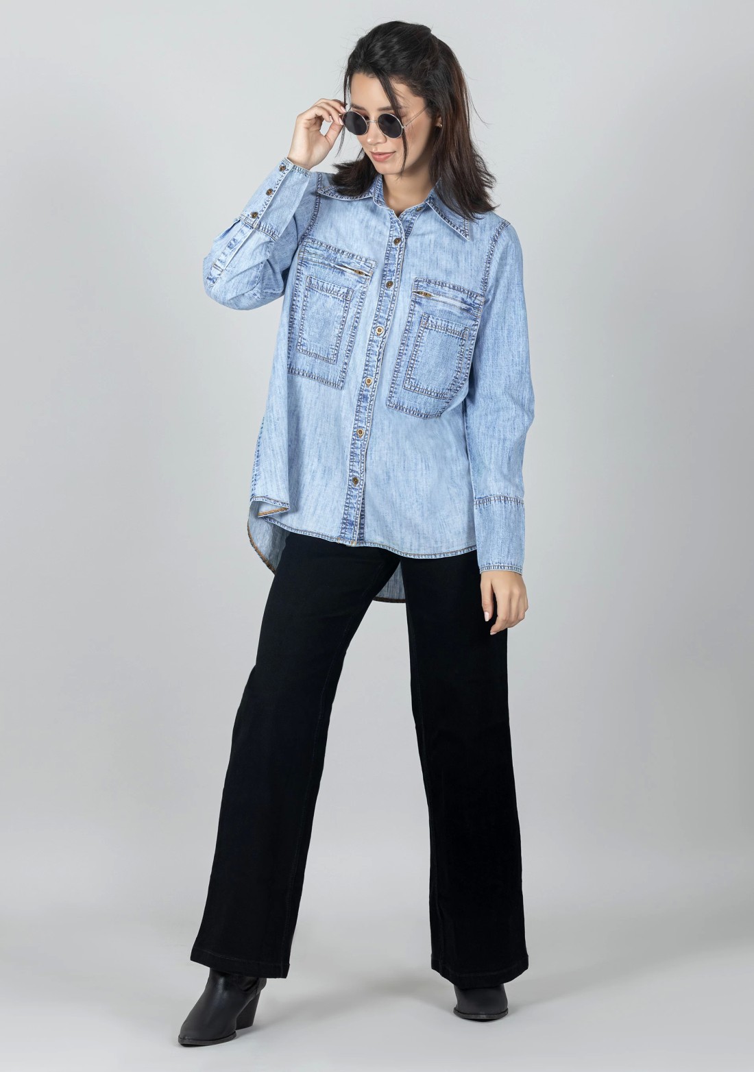 Blue Denim Slub Cotton Women's Shirt