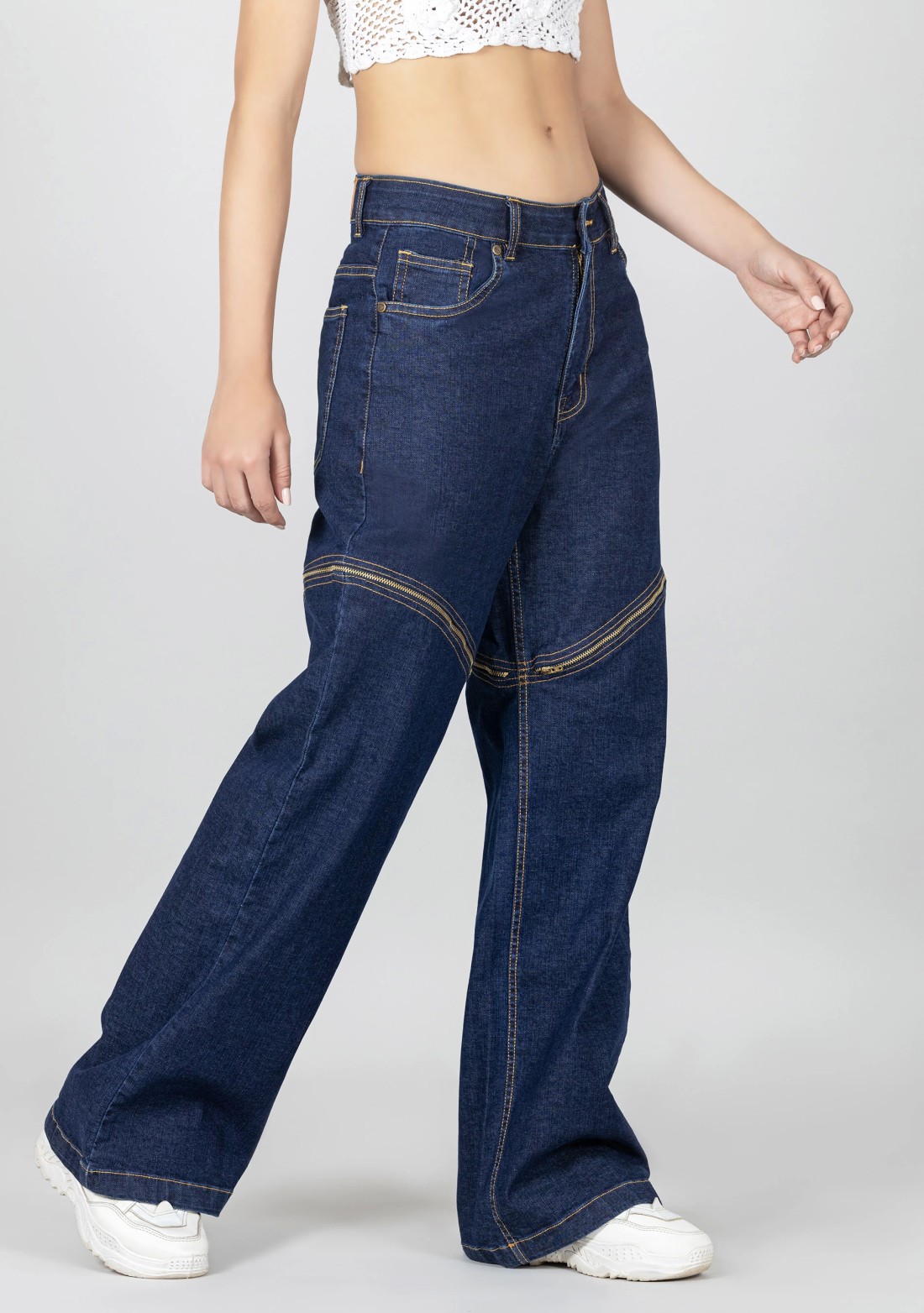 Blue Wide Leg Women's Front Zipper Fashion Jeans