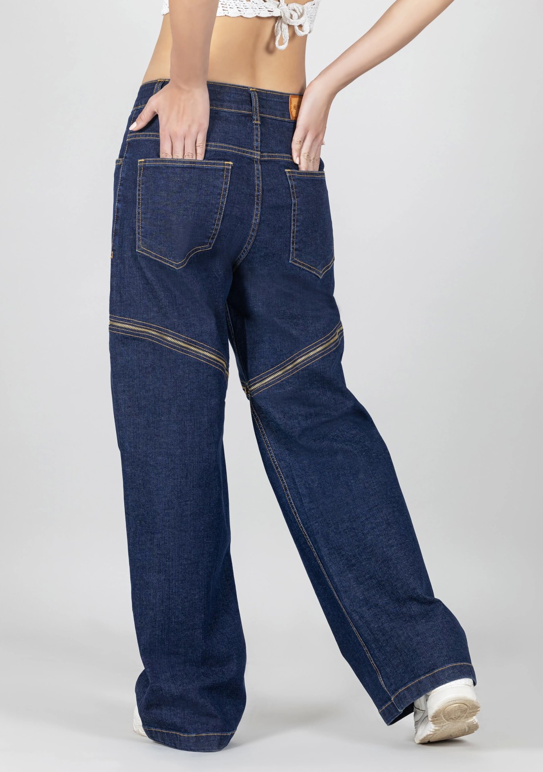 Blue Wide Leg Women's Front Zipper Fashion Jeans