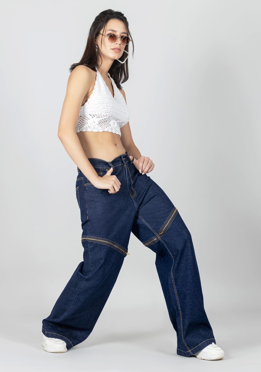 Blue Wide Leg Women's Front Zipper Fashion Jeans