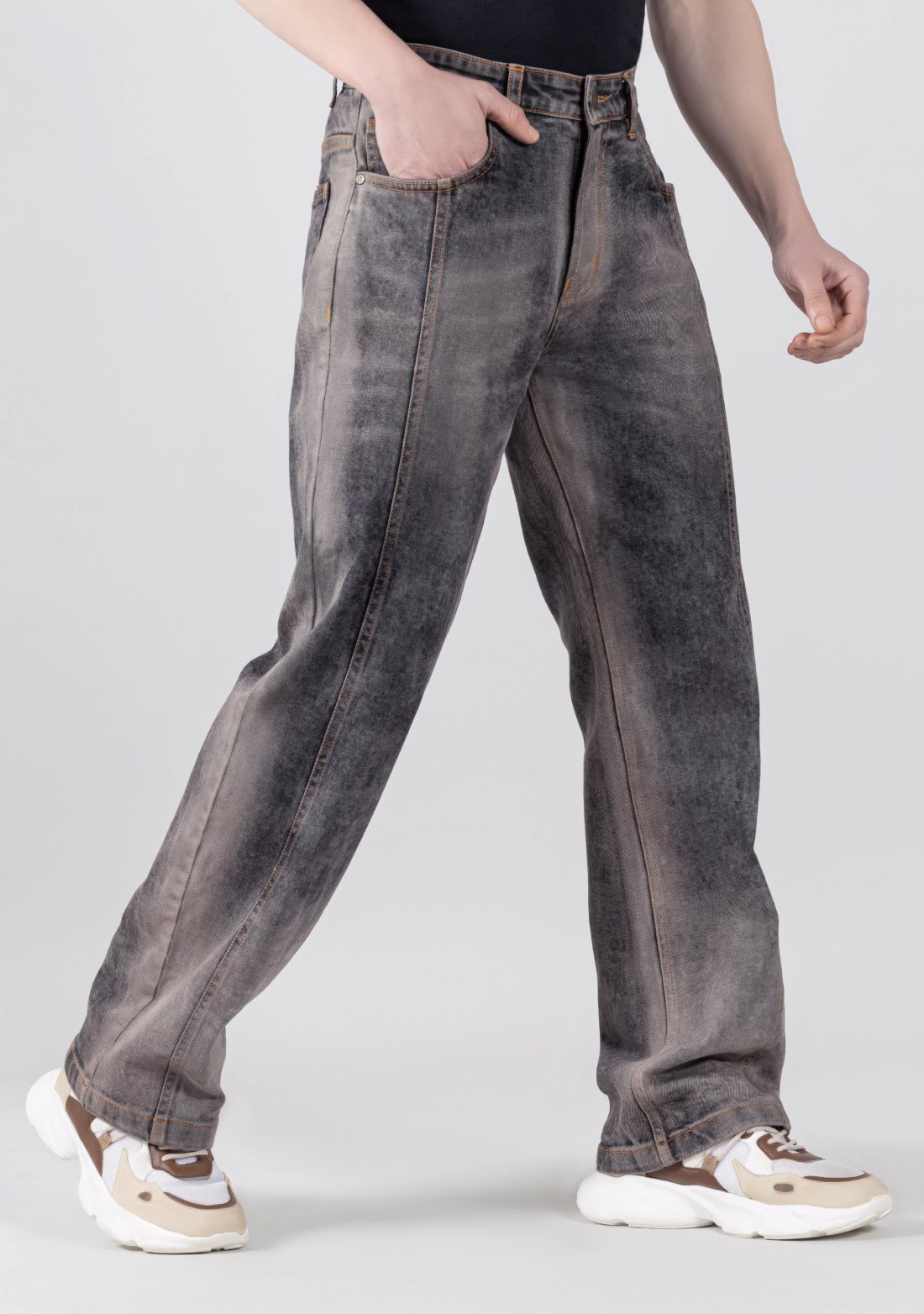 Blackish Brown Wide Leg Cut and Sew Men’s Jeans