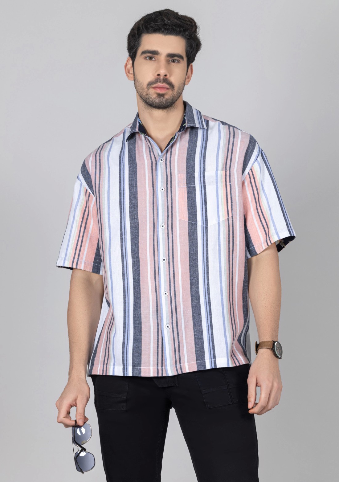 Multi Colour Stripe Print Oversize Drop Shoulder Men's Cotton Shirt