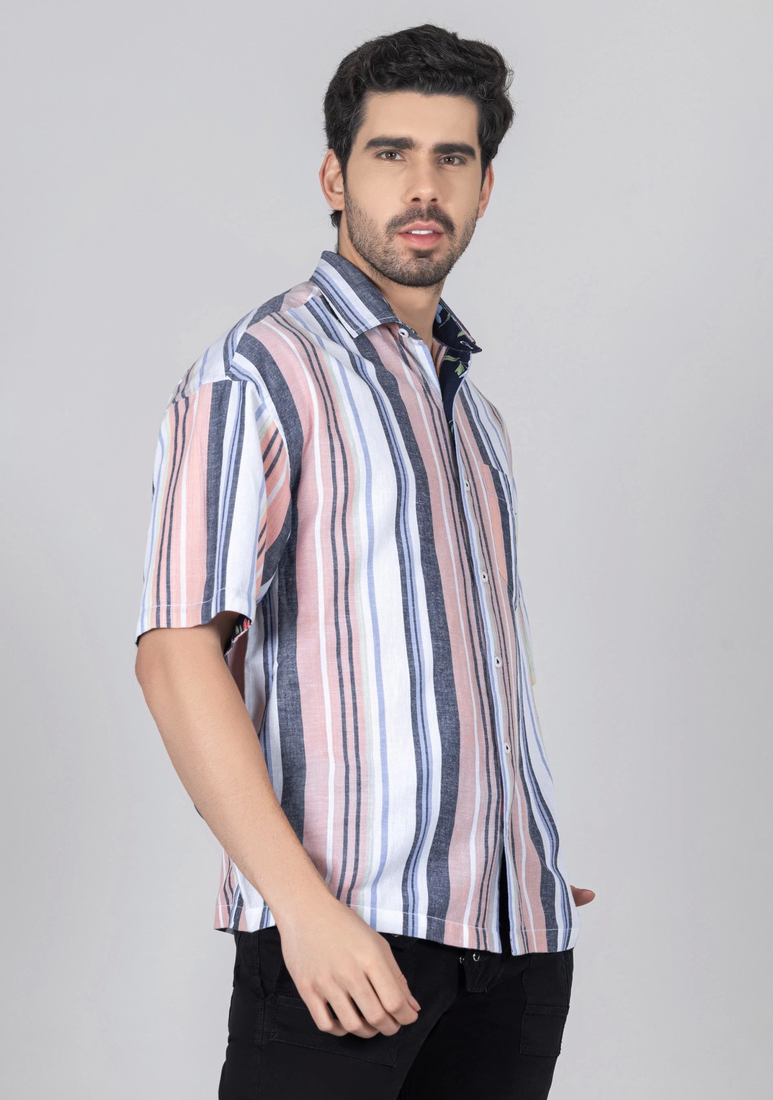 Multi Colour Stripe Print Oversize Drop Shoulder Men's Cotton Shirt