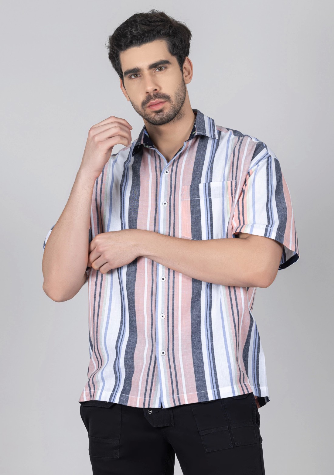 Multi Colour Stripe Print Oversize Drop Shoulder Men's Cotton Shirt