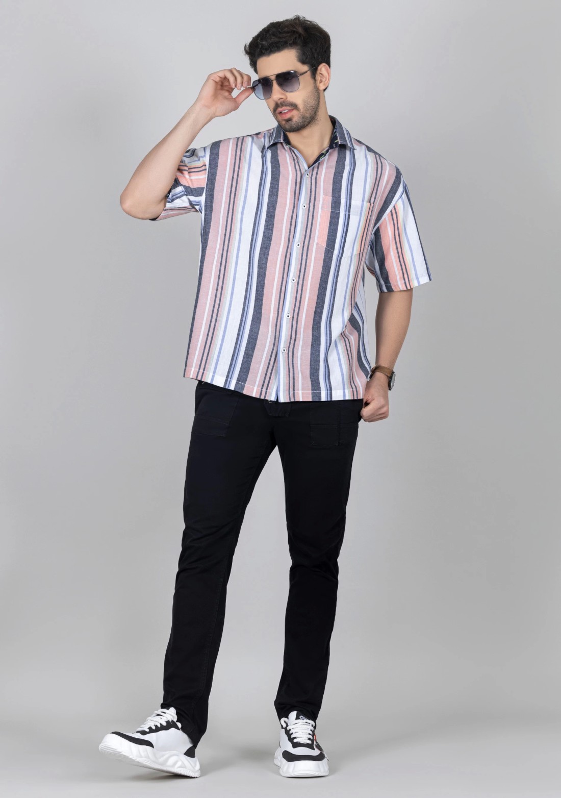 Multi Colour Stripe Print Oversize Drop Shoulder Men's Cotton Shirt