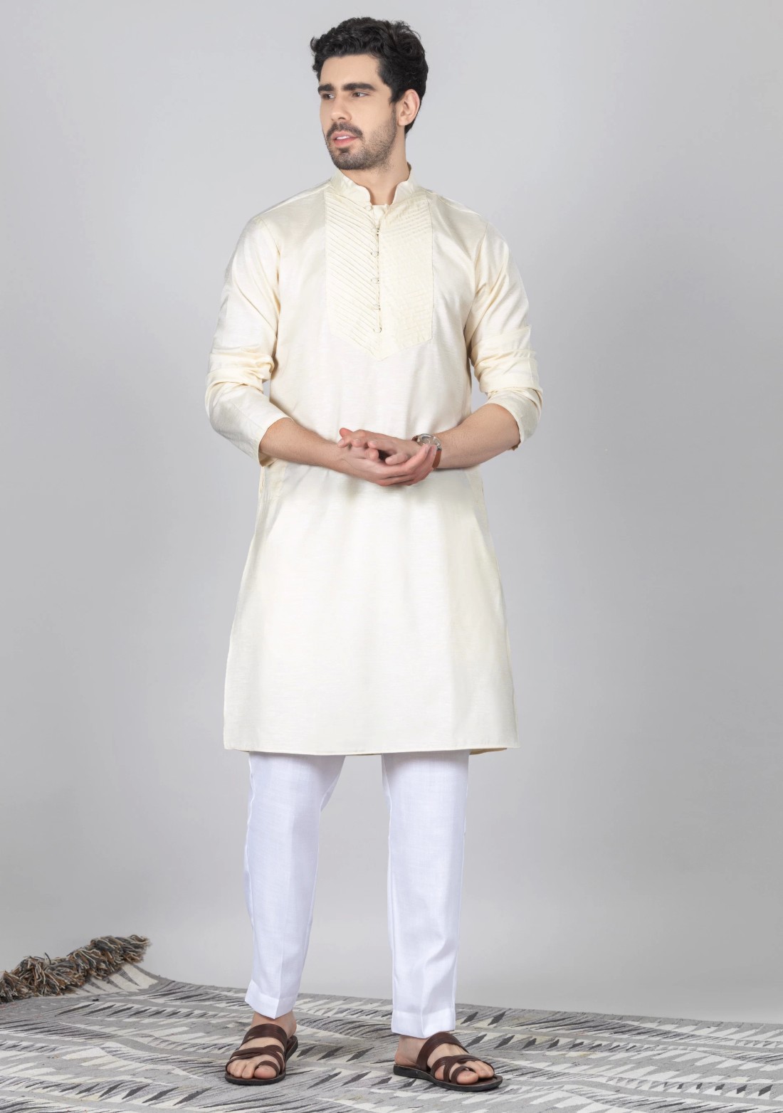 Cream Full Sleeves Cotton Silk Kurta