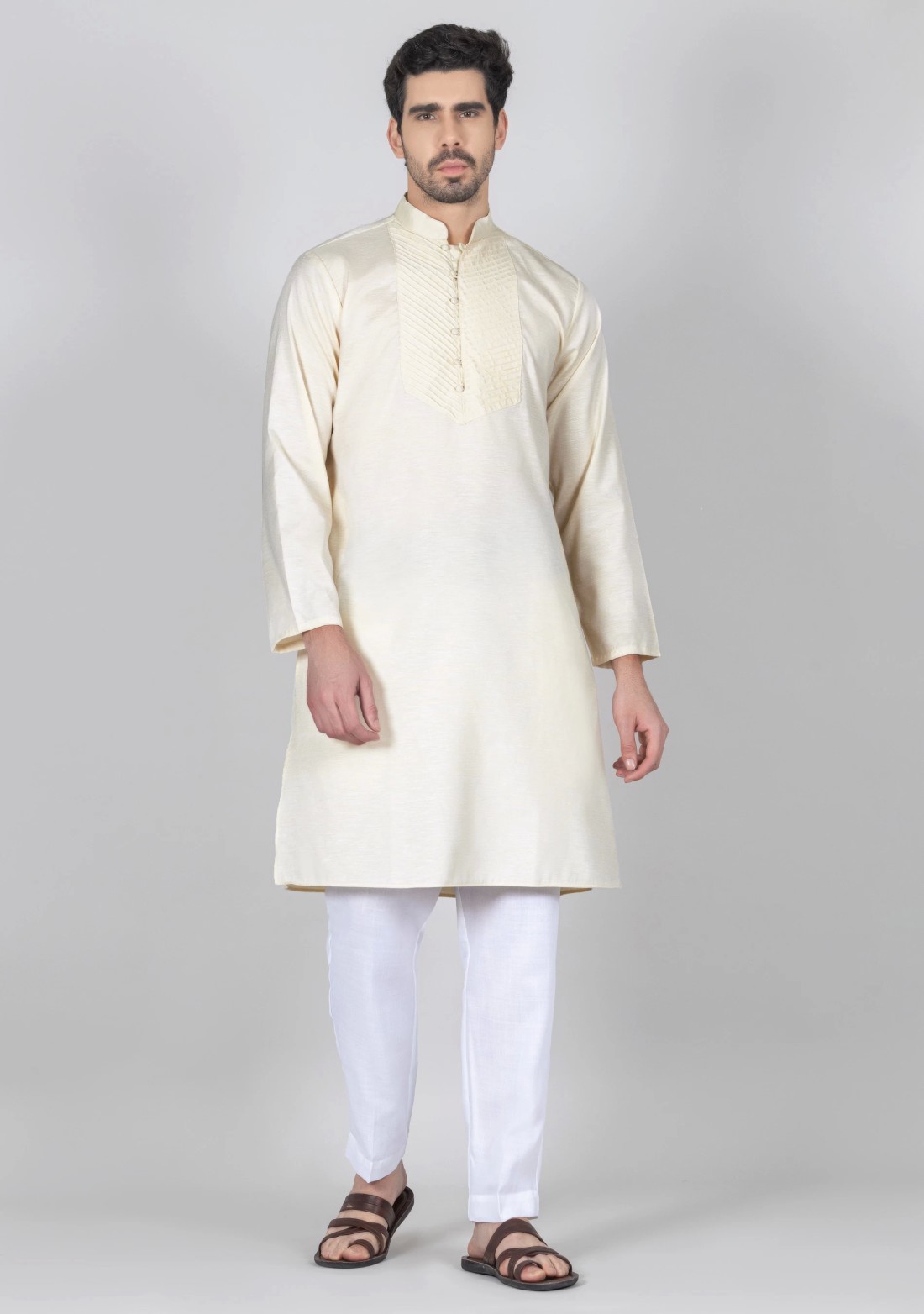 Cream Full Sleeves Cotton Silk Kurta