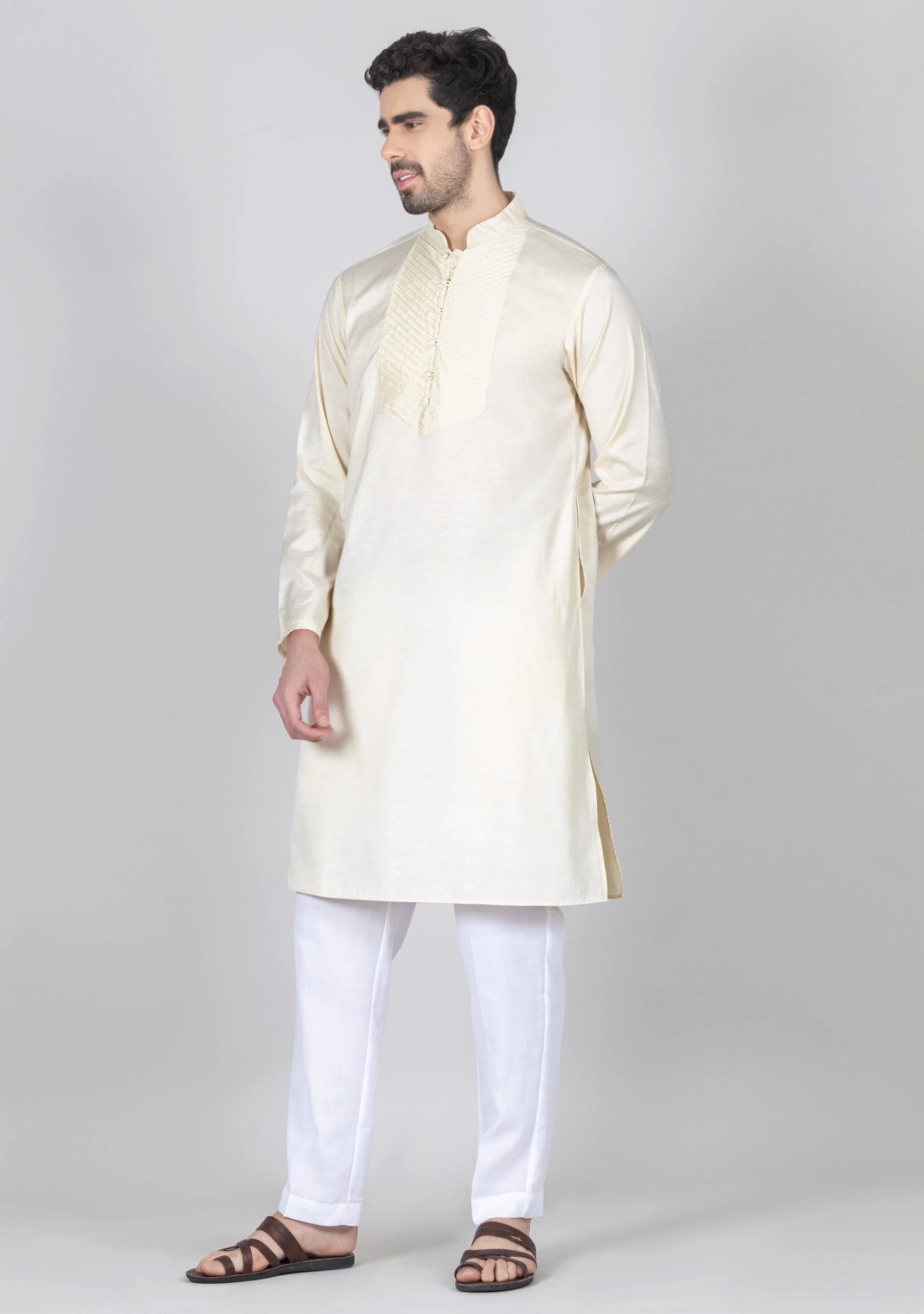 Cream Full Sleeves Cotton Silk Kurta