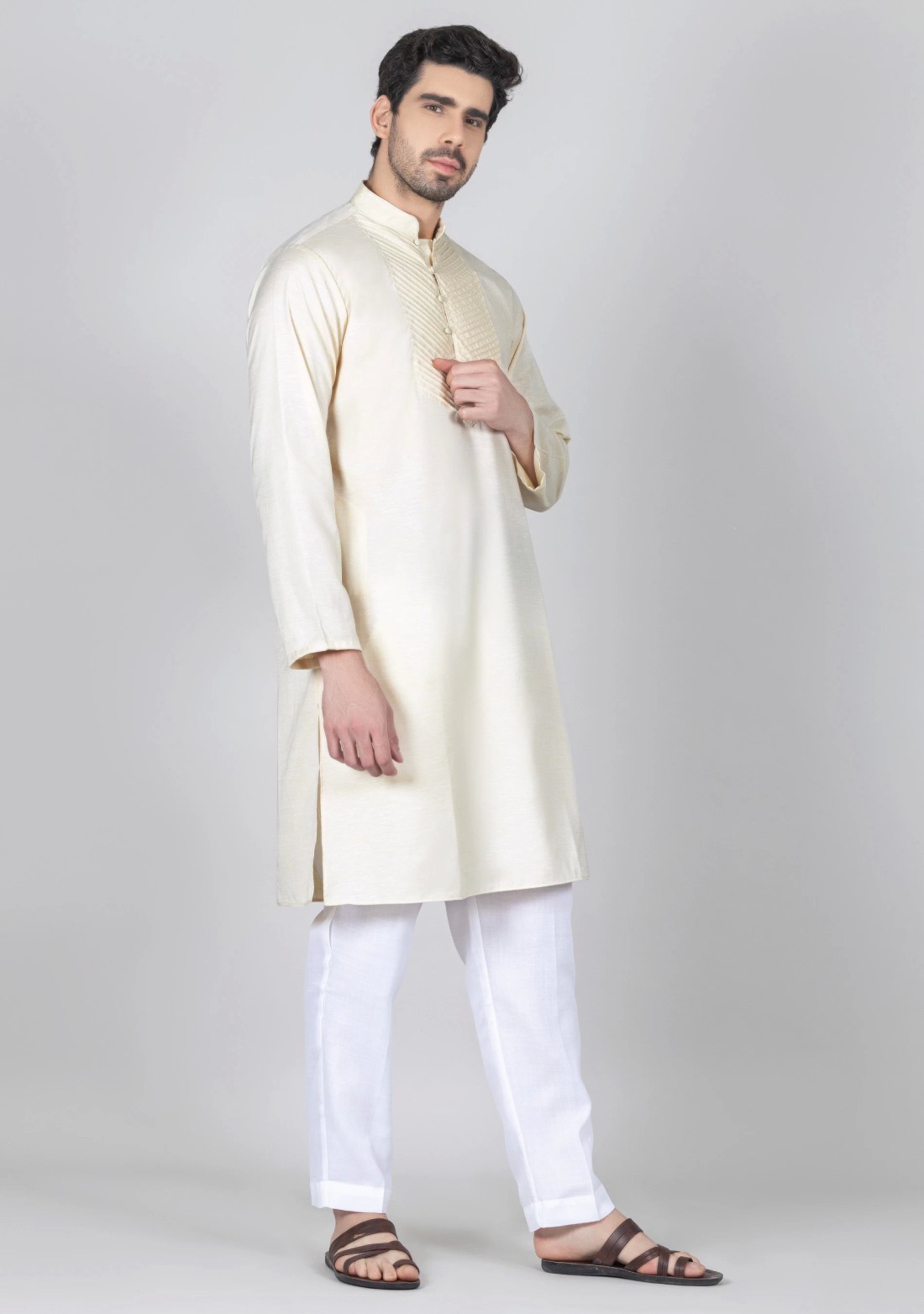 Cream Full Sleeves Cotton Silk Kurta