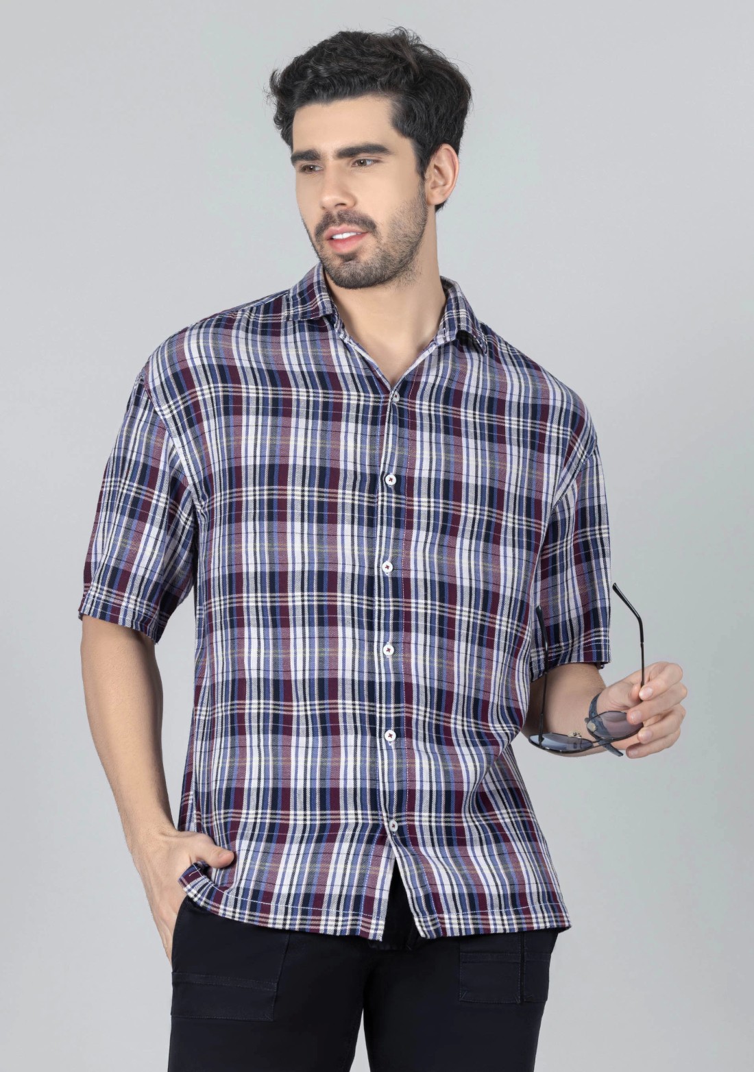 Multi Colour Oversize Drop Shoulder Men's Cotton Check Shirt