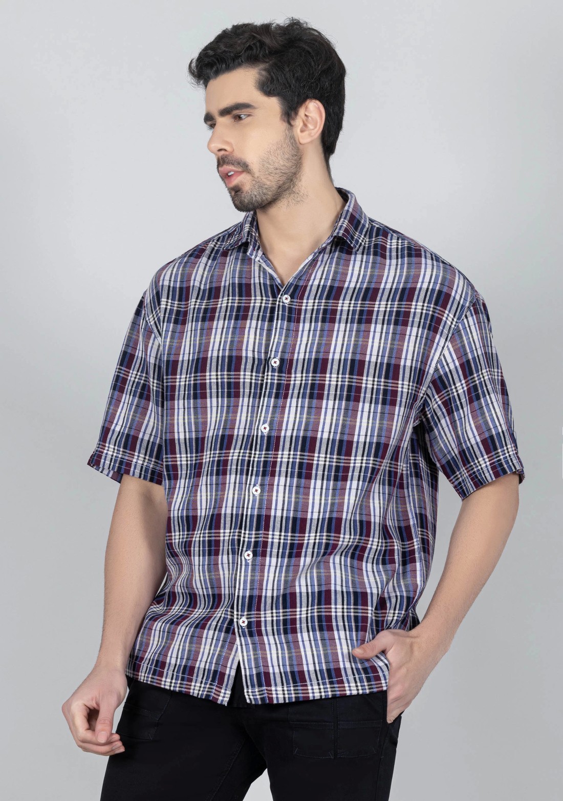 Multi Colour Oversize Drop Shoulder Men's Cotton Check Shirt