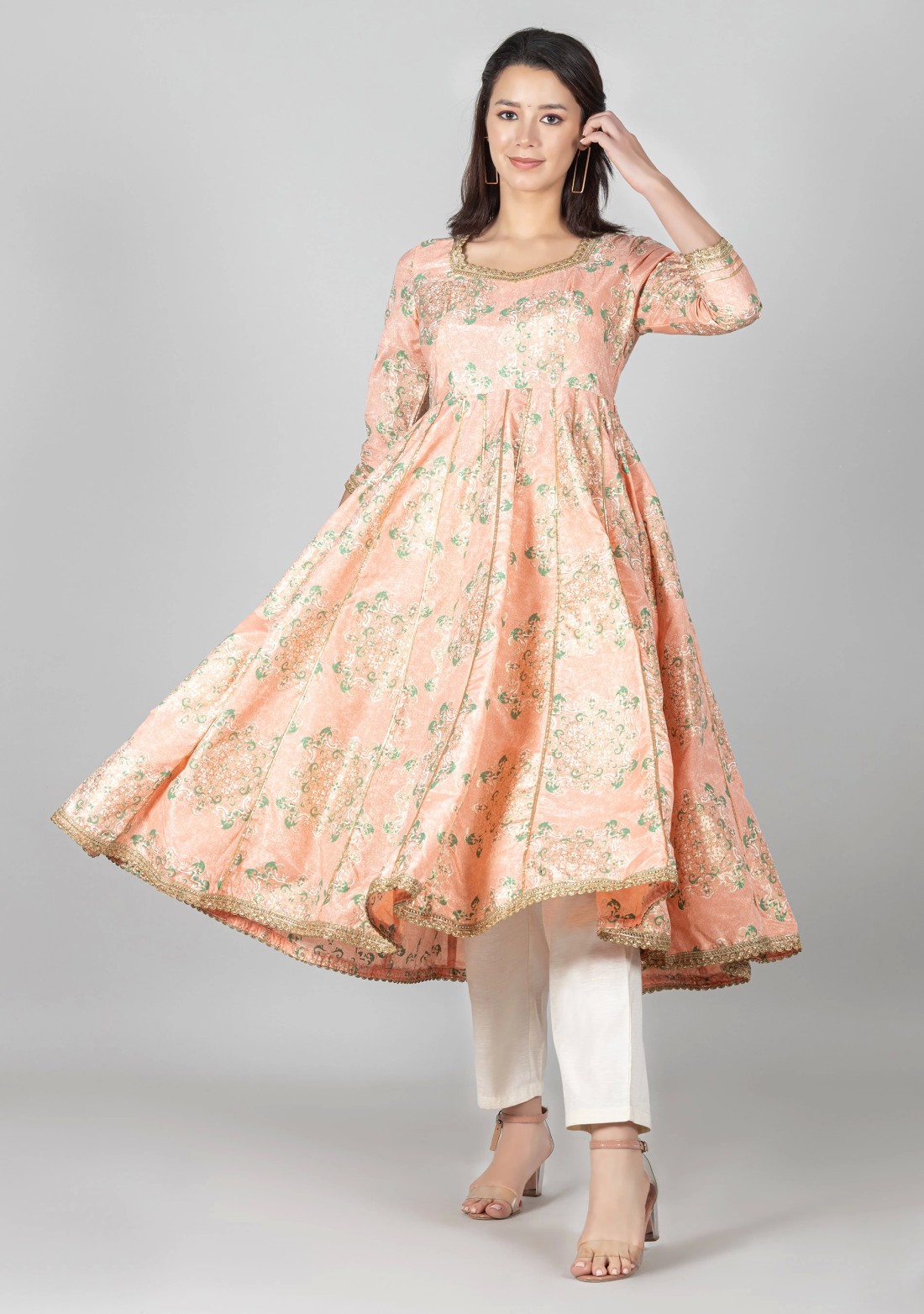 Peach Foil Print Chanderi Anarkali Kurta