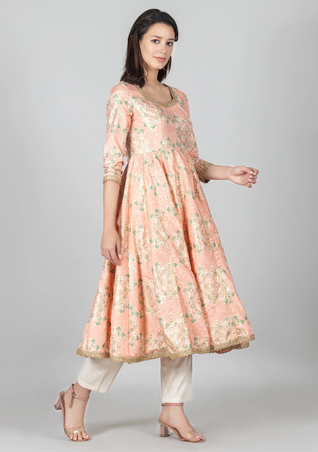 Peach Foil Print Chanderi Anarkali Kurta